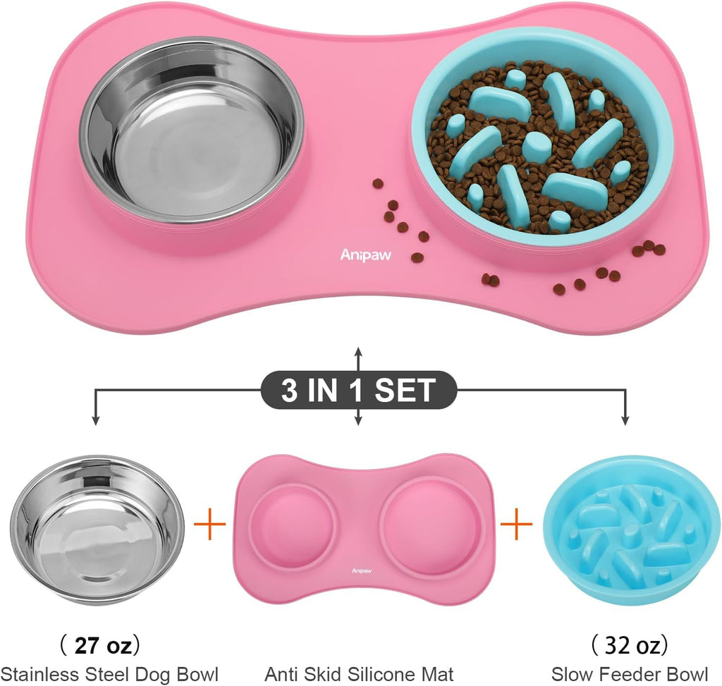 Slow Feeder Dog Bowls 3 in 1 Stainless Steel Dog Food and Water Bowls with Non-Spill Non-Skid Silicone Mat to Slow down Eating for Large Medium Small Breed Size Dogs and Cats (Pink Blue)