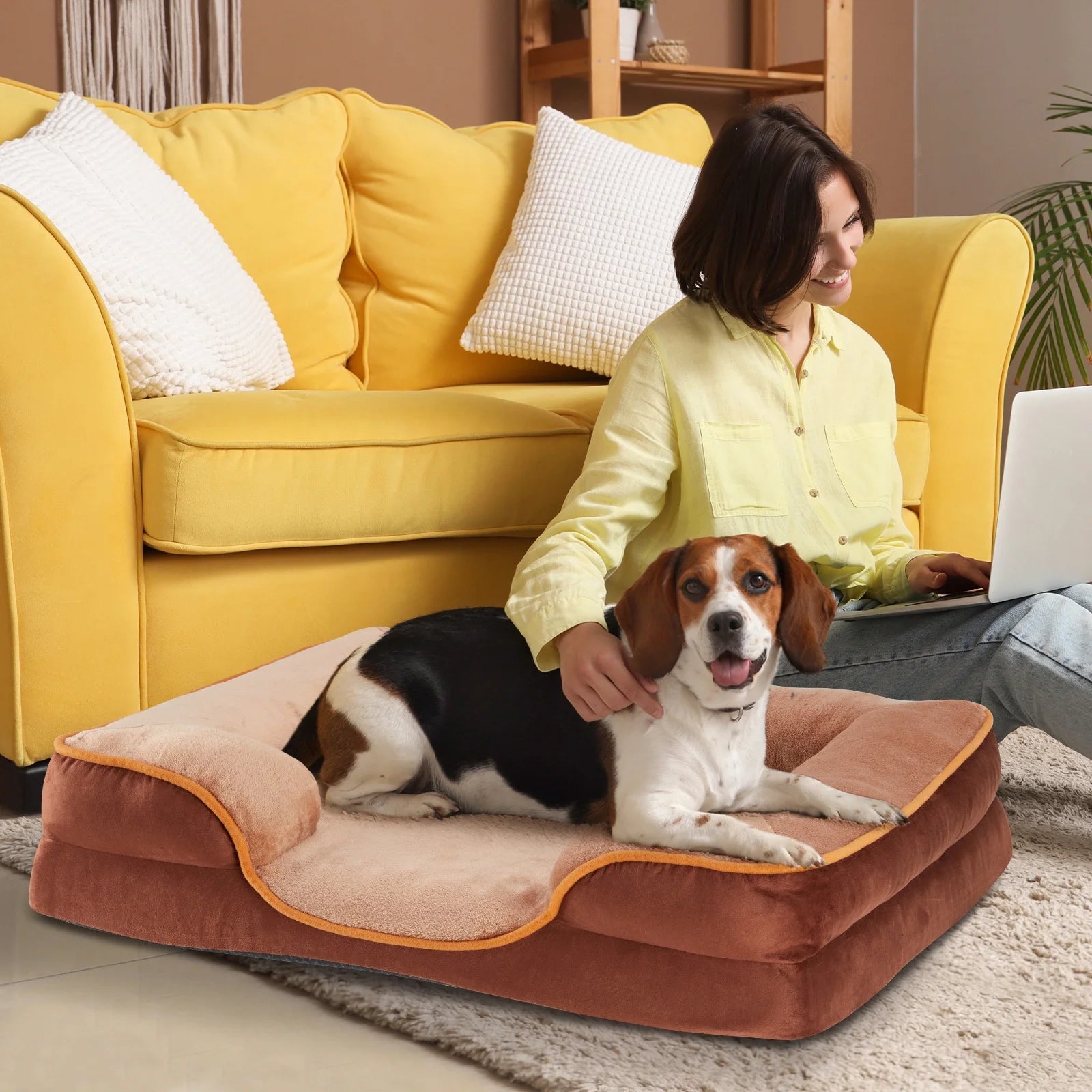 42"X32" Supportive Memory Foam Orthopedic Dog Bed, with Washable Removable Cover, Non-Slip Base, Waterproof, Brown