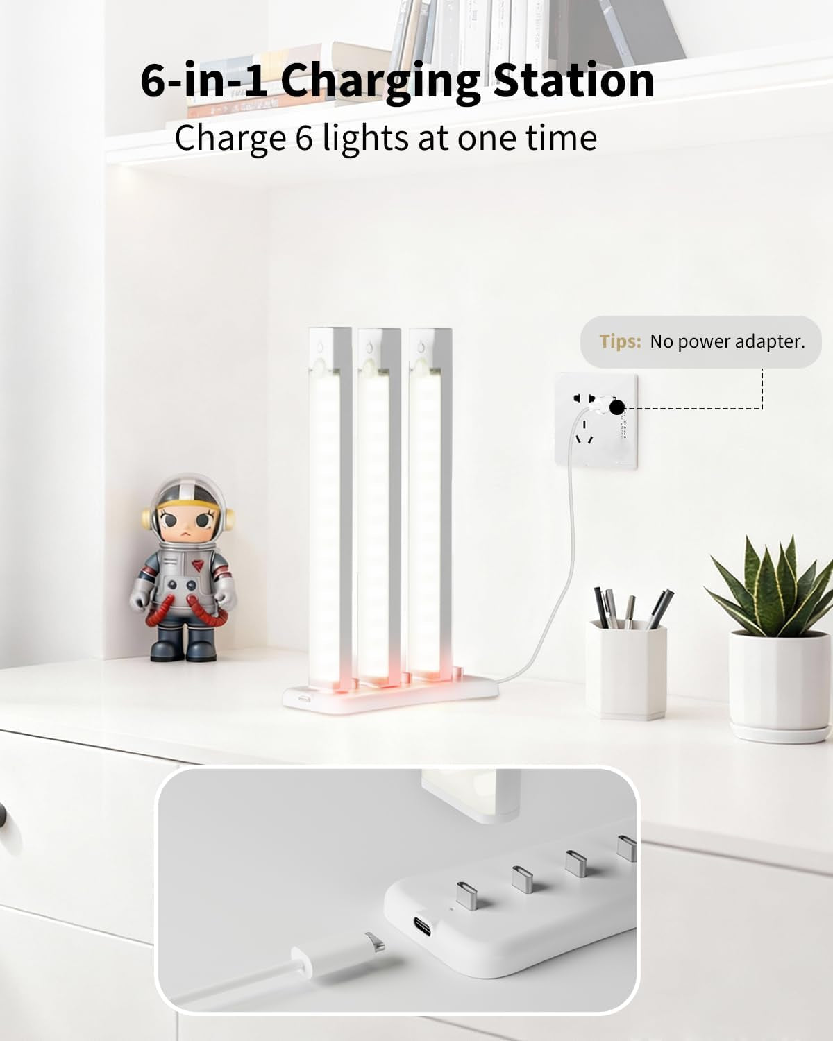 USB under Cabinet Lighting with Charging Station-6 Type-C Charging Ports, Portable Motion Sensor Light Indoor Multi-Light Storage & Charging Base save Charging Time, Ideal for Cabinet Lights