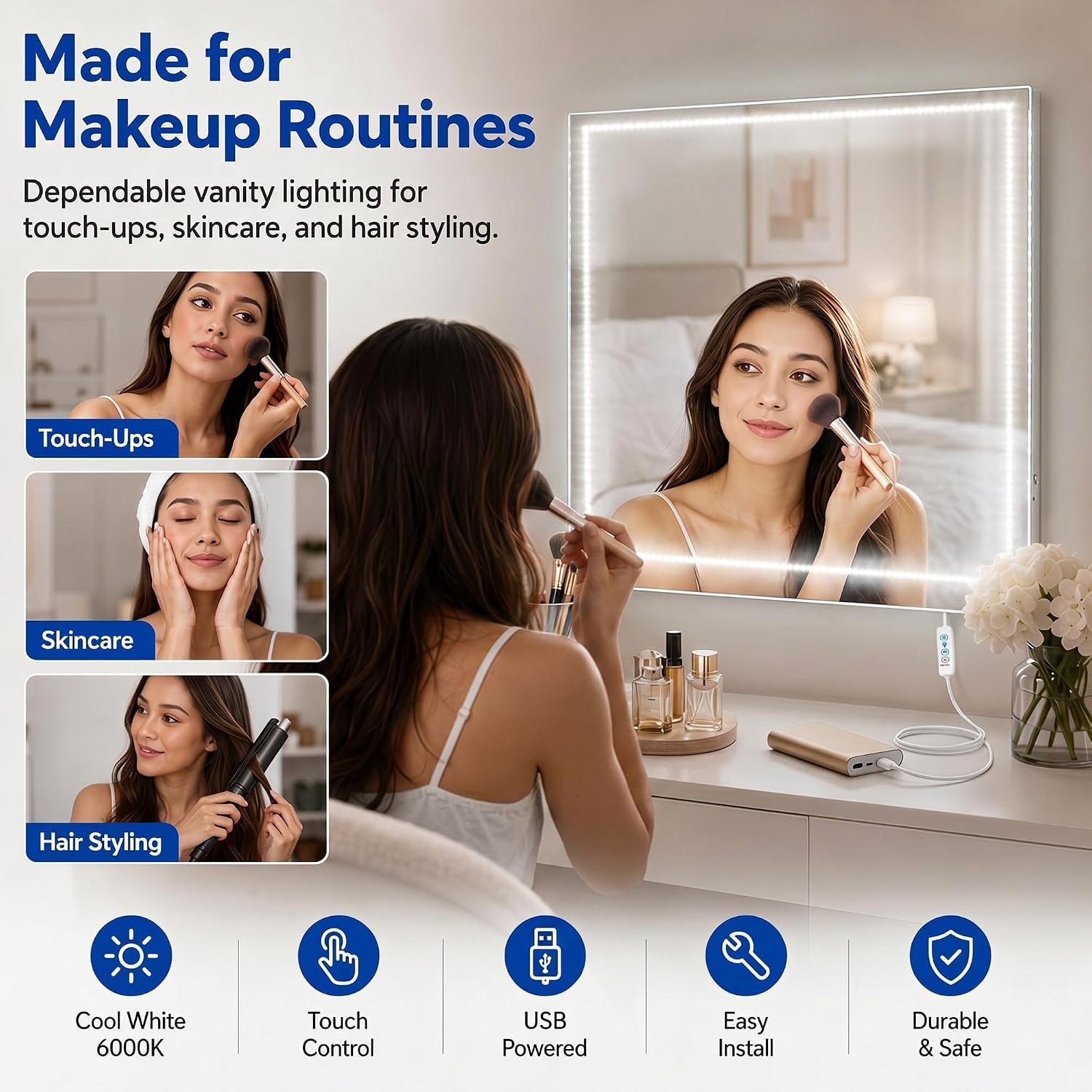 Vanity Lights for Mirror, 13FT Dimmable 6000K LED Light Strip | Stick on Makeup LED Lighting, LED Vanity Lights Strips for Mirror for Bedroom Bathroom Vanity Table (Mirror Not Included)