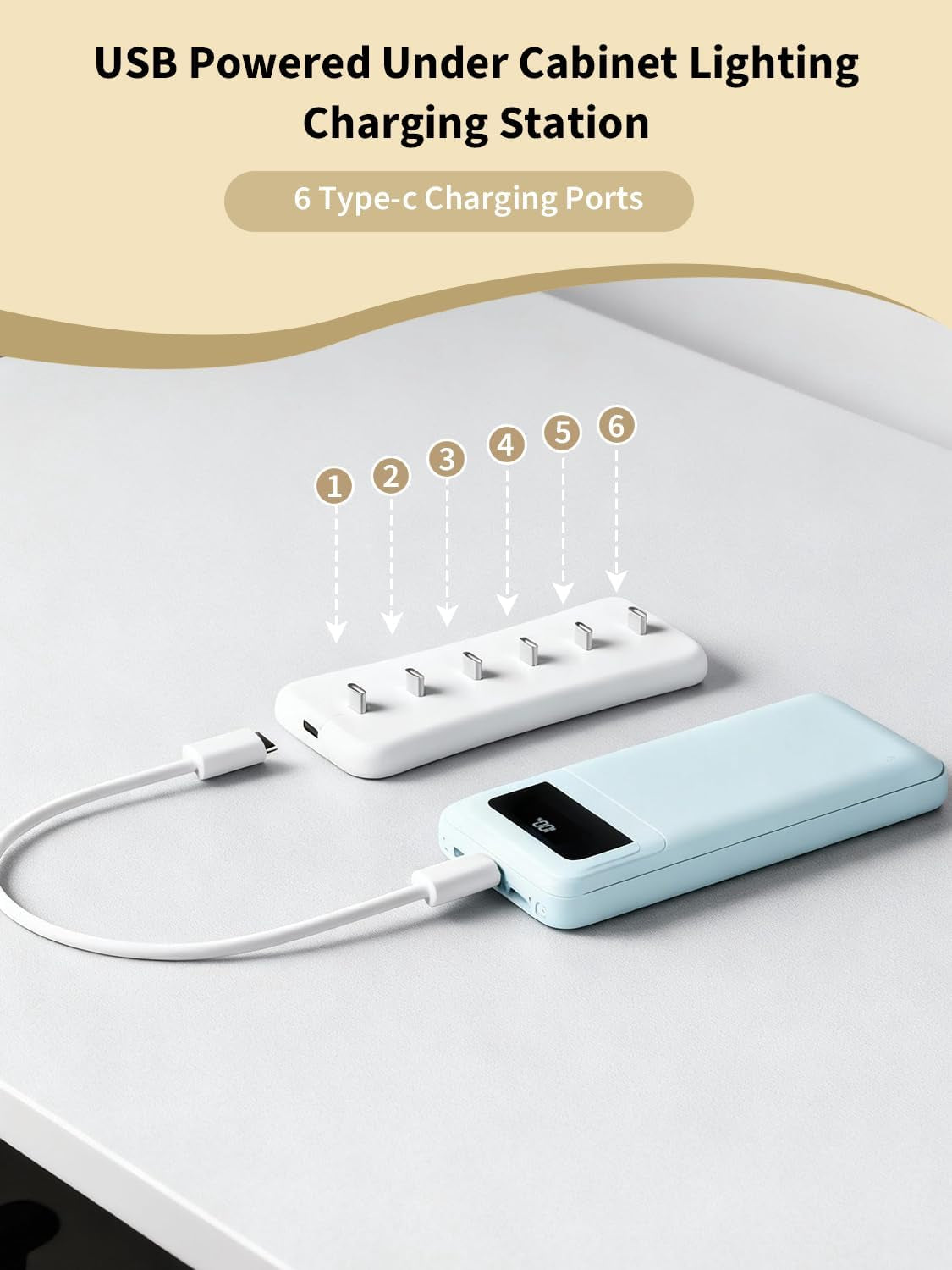 USB under Cabinet Lighting with Charging Station-6 Type-C Charging Ports, Portable Motion Sensor Light Indoor Multi-Light Storage & Charging Base save Charging Time, Ideal for Cabinet Lights