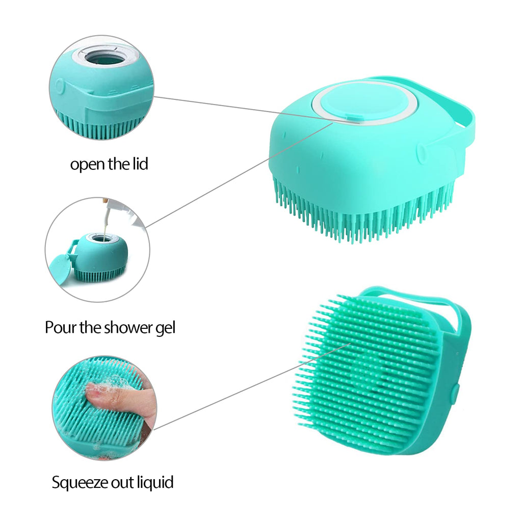 Pet Grooming Bath Massage Brush with Soap and Shampoo Dispenser Soft Silicone Bristle for Long Short Haired Dogs Cats Shower (Blue)