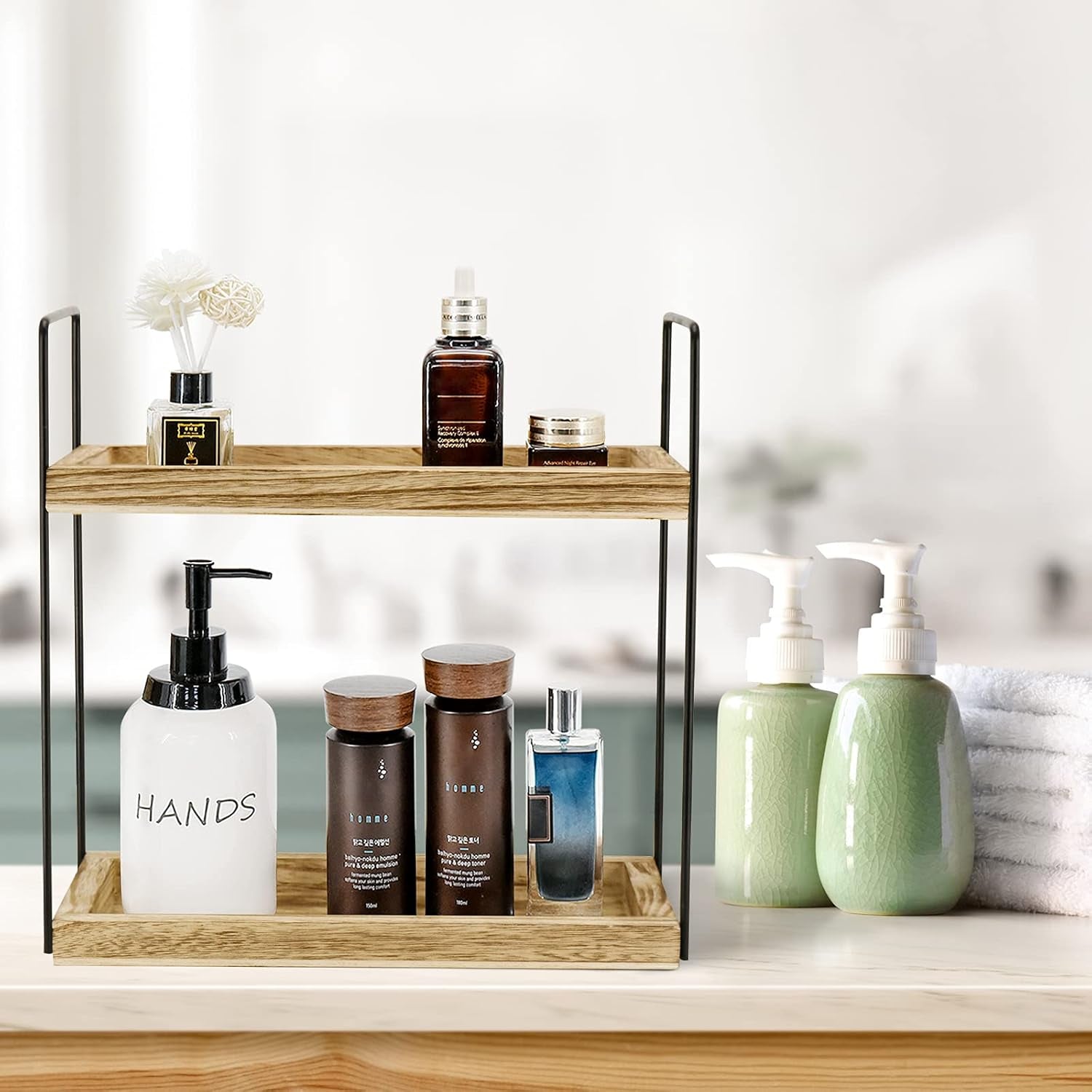 2 Tier Bathroom Organizer, Bathroom Rack for Countertop, Wooden Double Tray for Kitchen Spice, Rustic Storage Shelf for Bathroom, Vanity, Kitchen, Coffee Bar