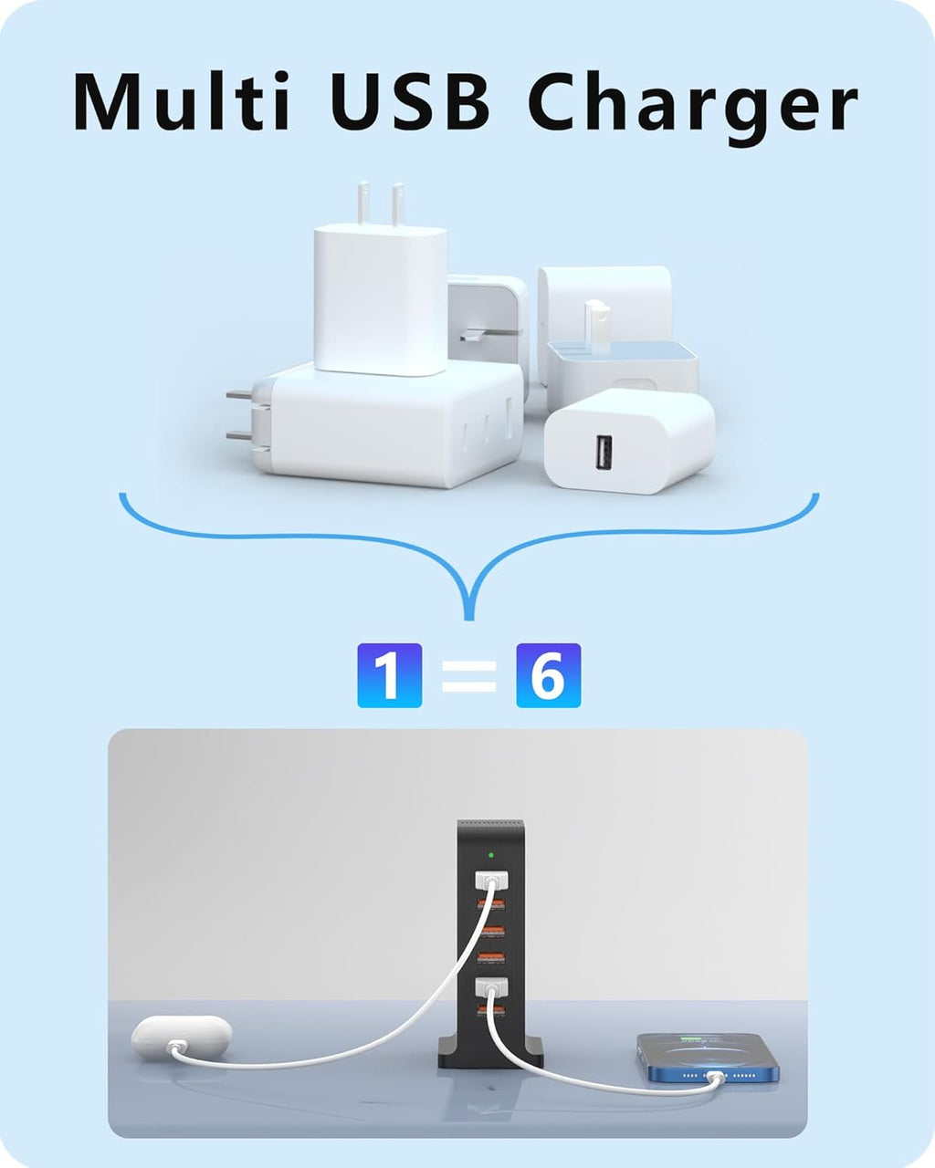 VPSUN USB Charger 6 Port 50W Multi USB Tower Charging Station for Multiple Devices Iphone 15/14/14 Pro/14 Pro Max/13 Pro/13 Pro Max/Android/Samsung/Tablet,Etc (Black, 50W)