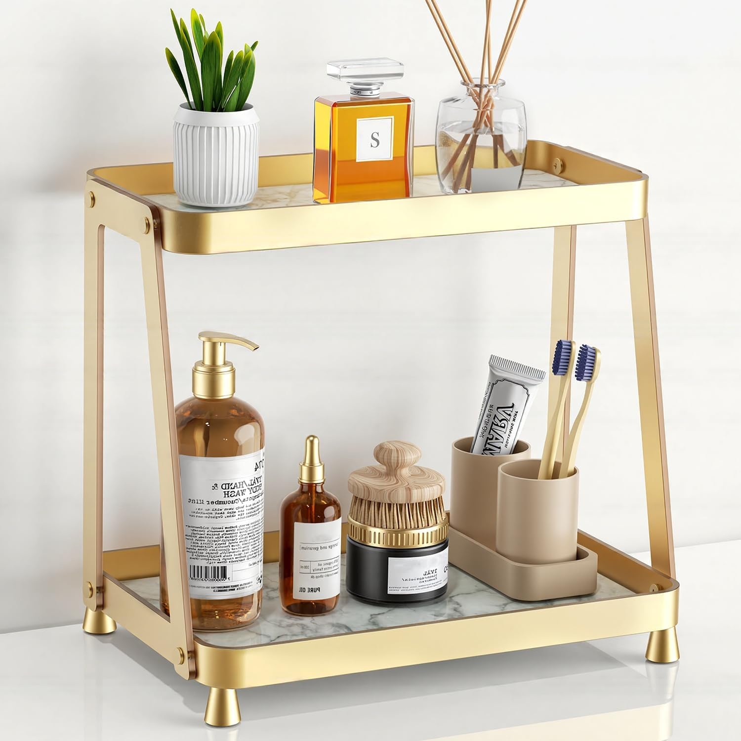 Bathroom Counter Organizer - 2-Tier Acrylic Makeup Organizer Countertop with Marble Tray, Perfume Organizer & Vanity Organizer, Makeup Tray Shelf for Skincare, Cosmetics Display, Gold