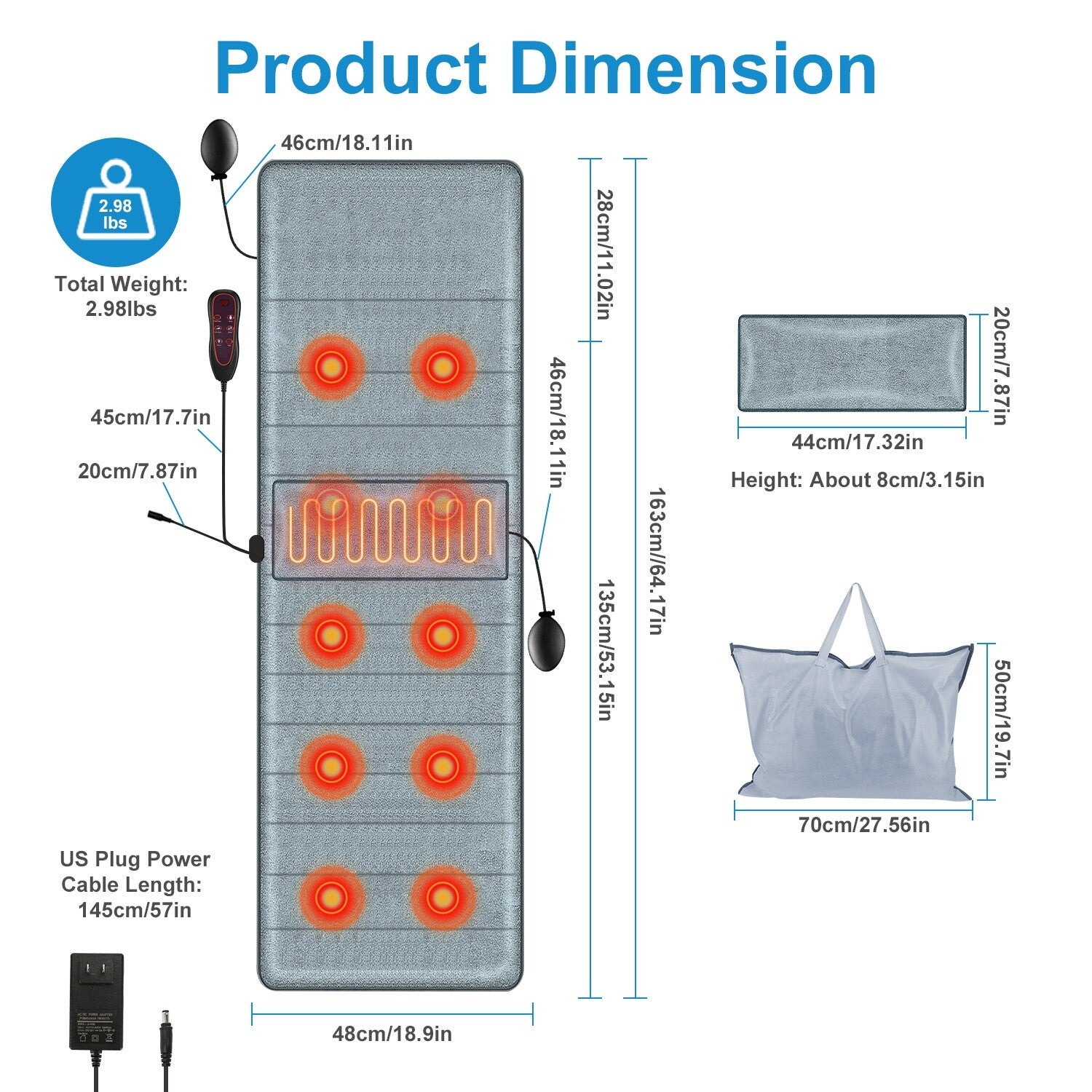 Full Body Electric Massage Mat W/Heat Vibration Massage Pad Cushion Back Massage
