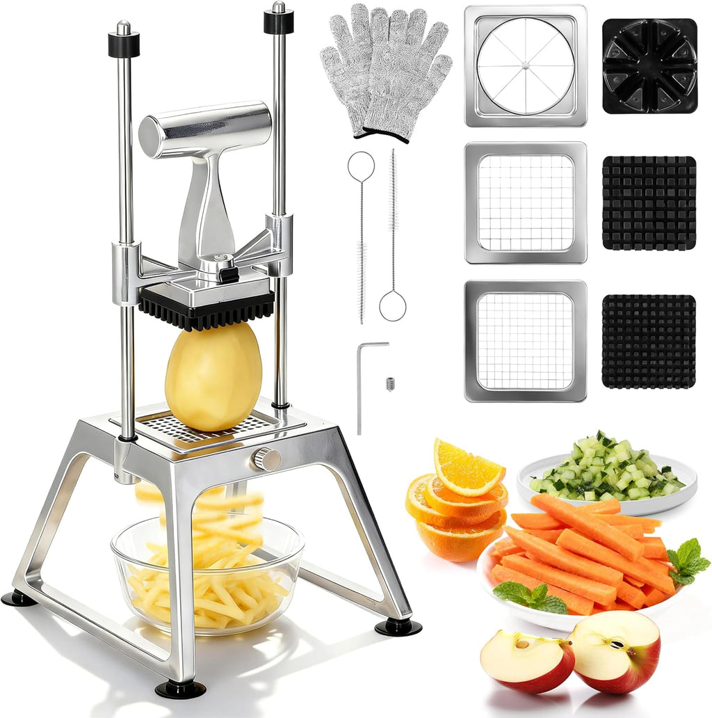 Commercial Vegetable Chopper Dicer W/3 Blades 1/4"+3/8"+8 Section Blade Onion Chopper Dicer Commercial Heavy Duty Stainless Steel French Fry Cutter for Home Kitchen & Restaurant Use