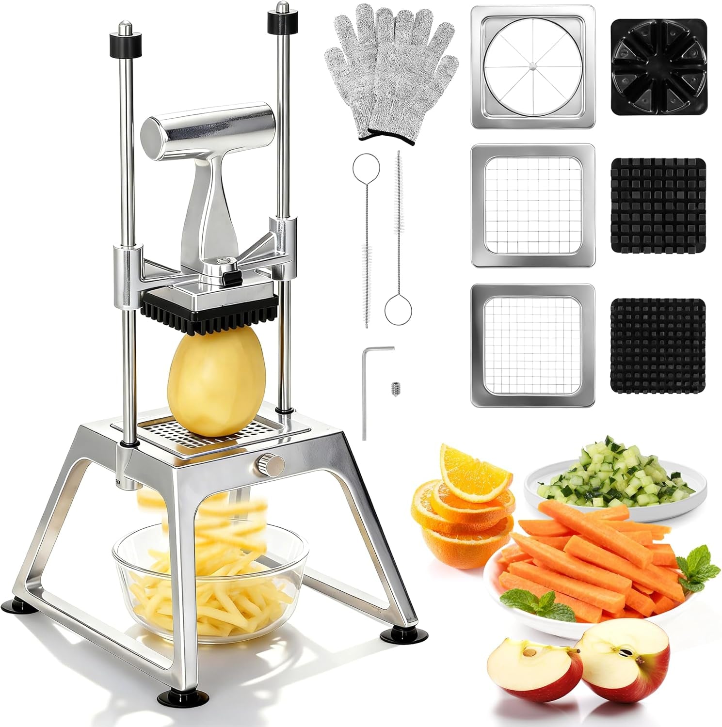 Commercial Vegetable Chopper Dicer W/3 Blades 1/4"+3/8"+8 Section Blade Onion Chopper Dicer Commercial Heavy Duty Stainless Steel French Fry Cutter for Home Kitchen & Restaurant Use