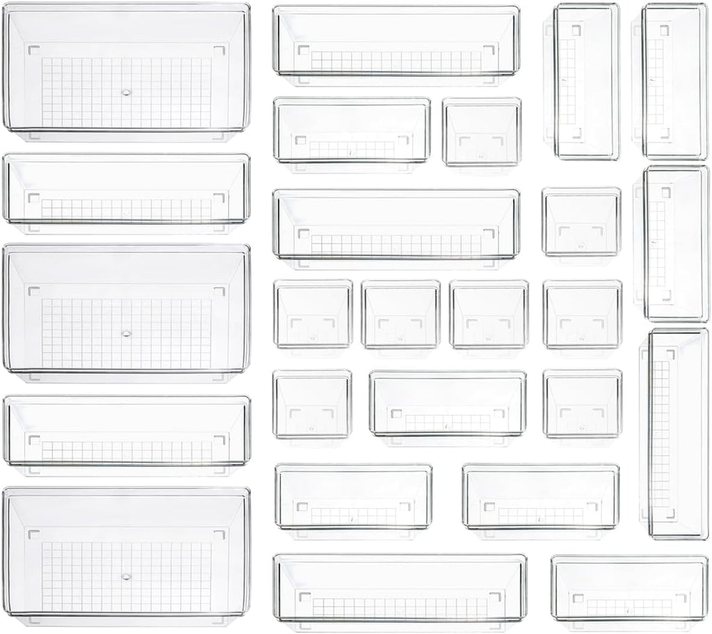 Clear Plastic Drawer Organizer Storage - 25Pcs 4 Size Desk Bathroom Kitchen Organizers and Accessories Office Organization, Vanity Stackable Drawers Bins Trays Containers Dividers Makeup Sets