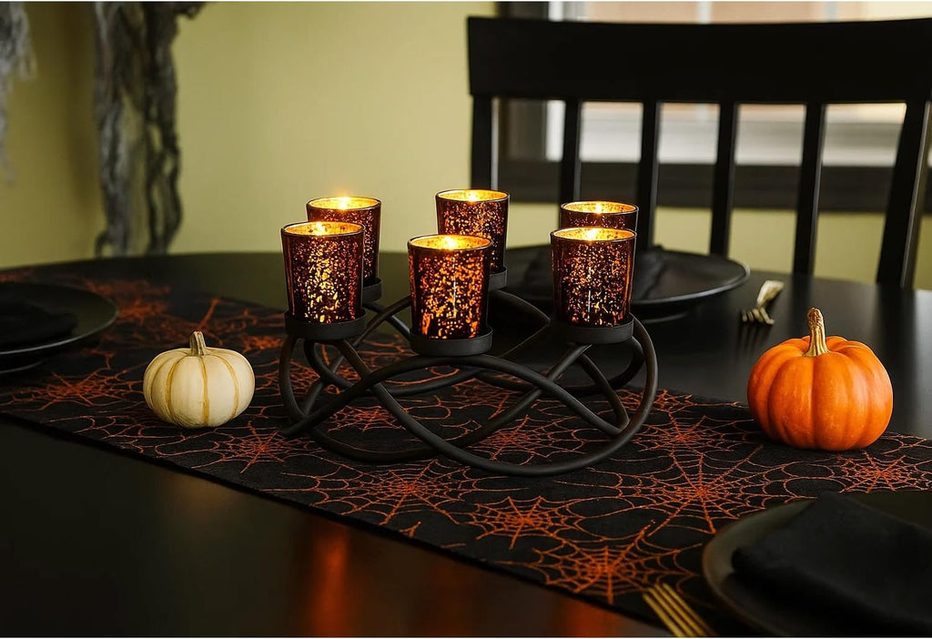 Halloween Decorations for Indoor Gothic Table Centerpieces, Black | Spooky Witchy Dining Decor, round Wrought Iron Candle Holder, 6 Votive Cups, Coffee & Kitchen Centerpiece, 10.5In Round