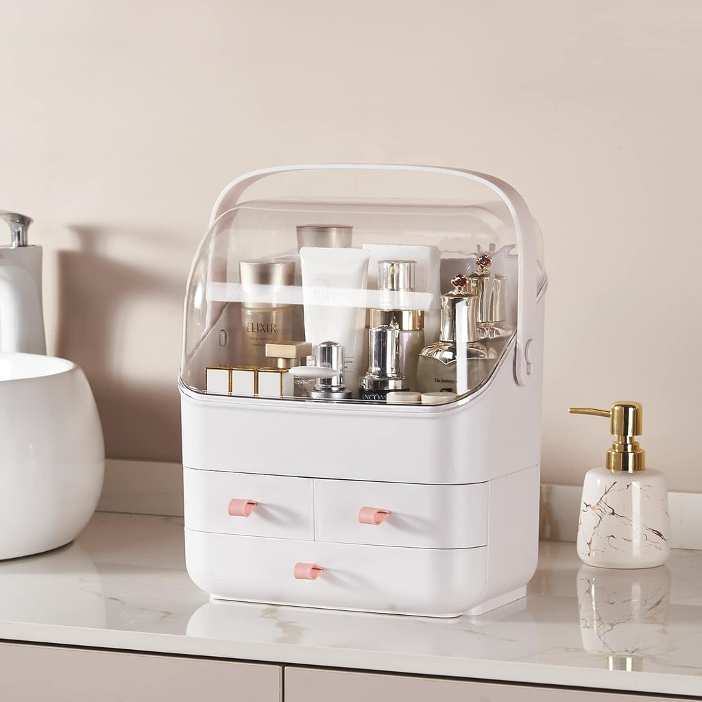 White Preppy Skincare Organizers Makeup Organizer Holder Beauty Cosmetic Storage Box Large Display Case and Makeup Brush Holder with Cover Makeup Brush Container with Lid Clear Makeup Brush Holder Org
