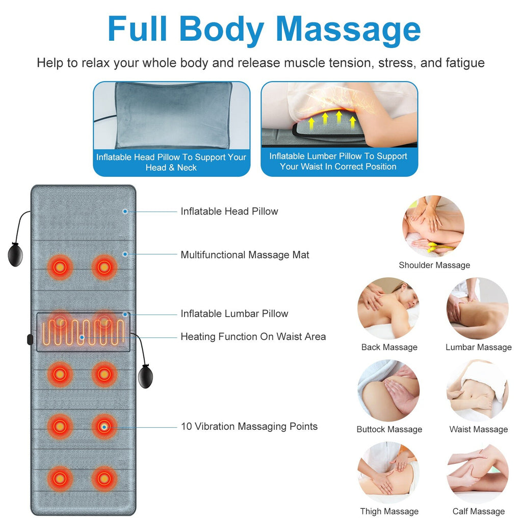 Full Body Electric Massage Mat W/Heat Vibration Massage Pad Cushion Back Massage