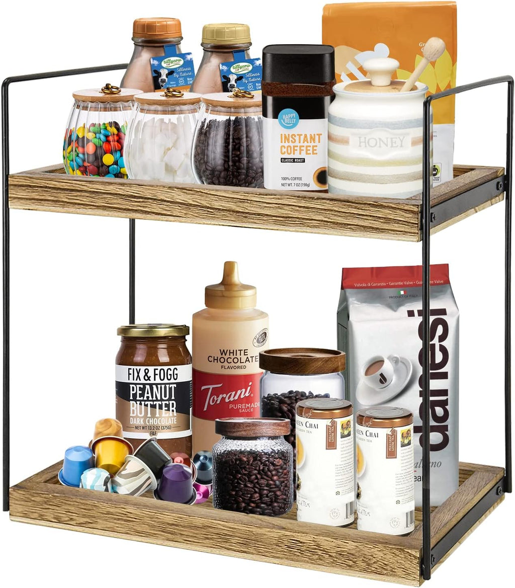 2 Tier Bathroom Organizer, Bathroom Rack for Countertop, Wooden Double Tray for Kitchen Spice, Rustic Storage Shelf for Bathroom, Vanity, Kitchen, Coffee Bar