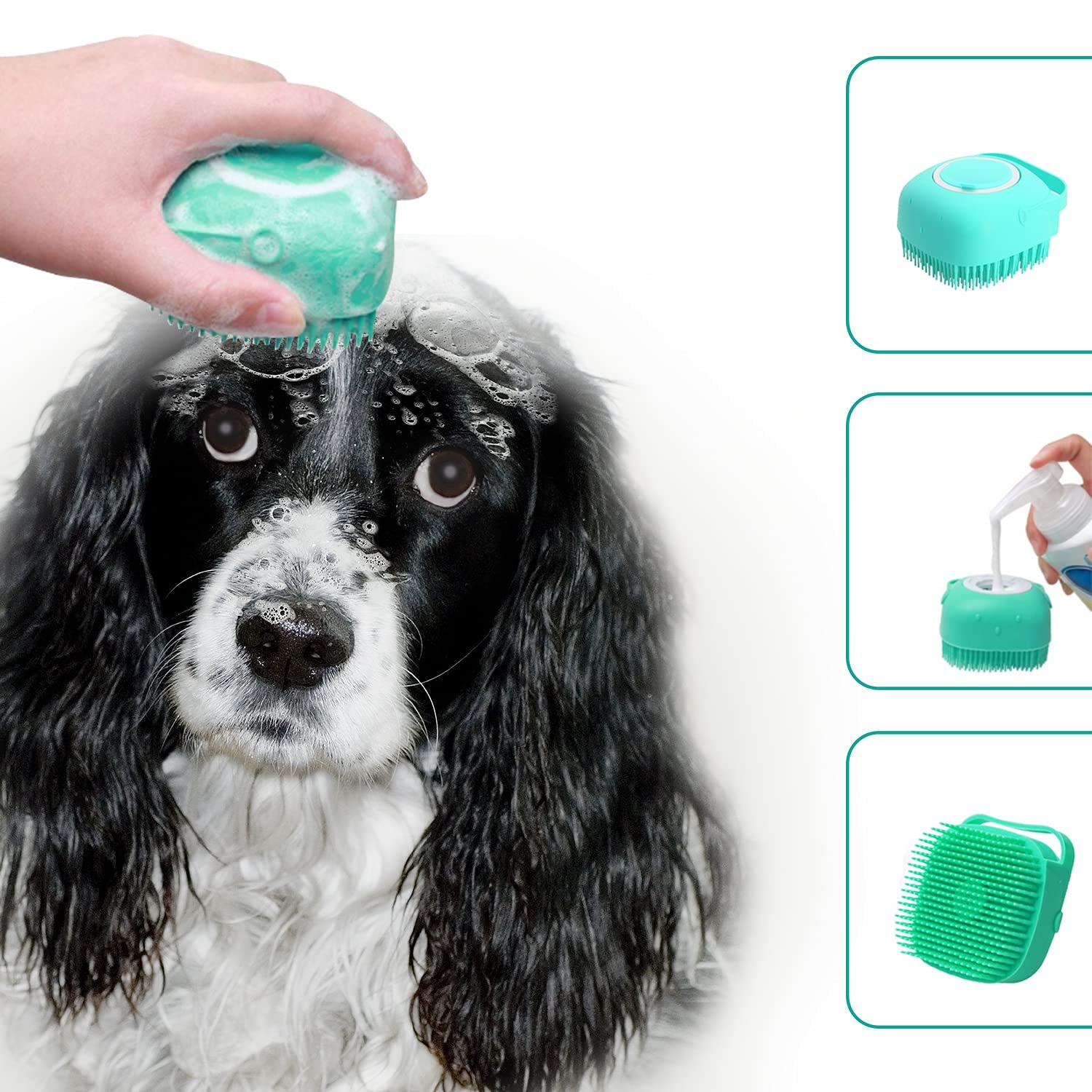 Pet Grooming Bath Massage Brush with Soap and Shampoo Dispenser Soft Silicone Bristle for Long Short Haired Dogs Cats Shower (Blue)