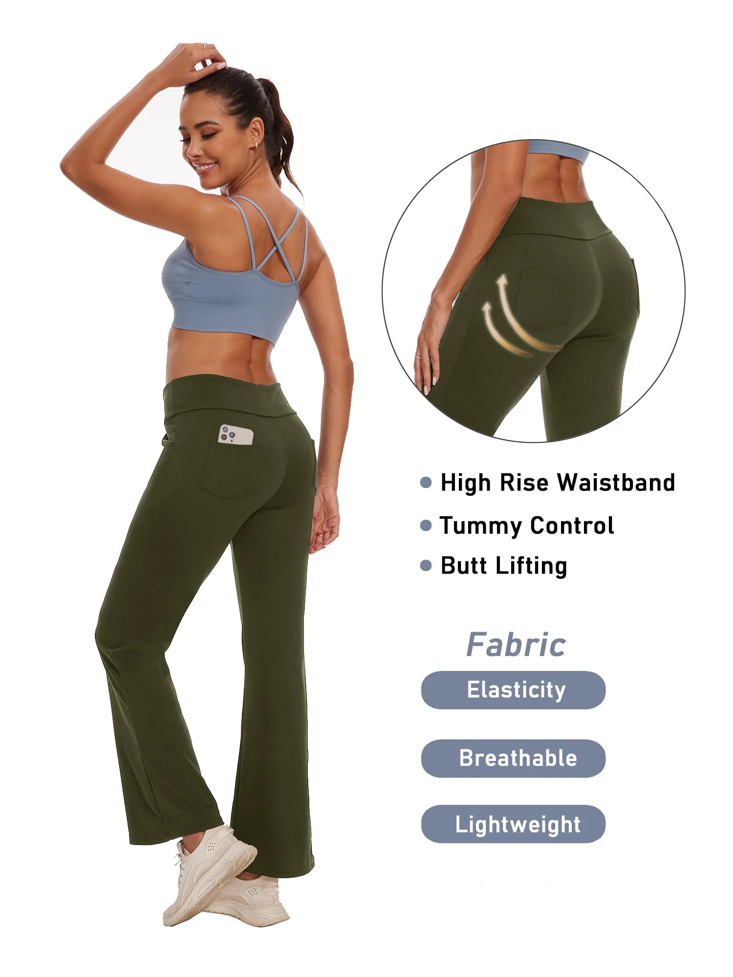 Womens Bootcut Yoga Pants Flare Legging with Pockets High Waist Lightweight Bottoms Workout Activewear Green 3XL