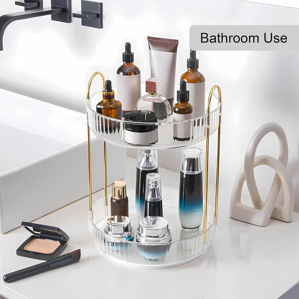360 Rotating Makeup Organizer and Storage for Vanity Bathroom Countertop, High Capacity Cosmetic Skincare Perfume Organizers for Dresser Lazy Susan (Clear White,2 Tiers)