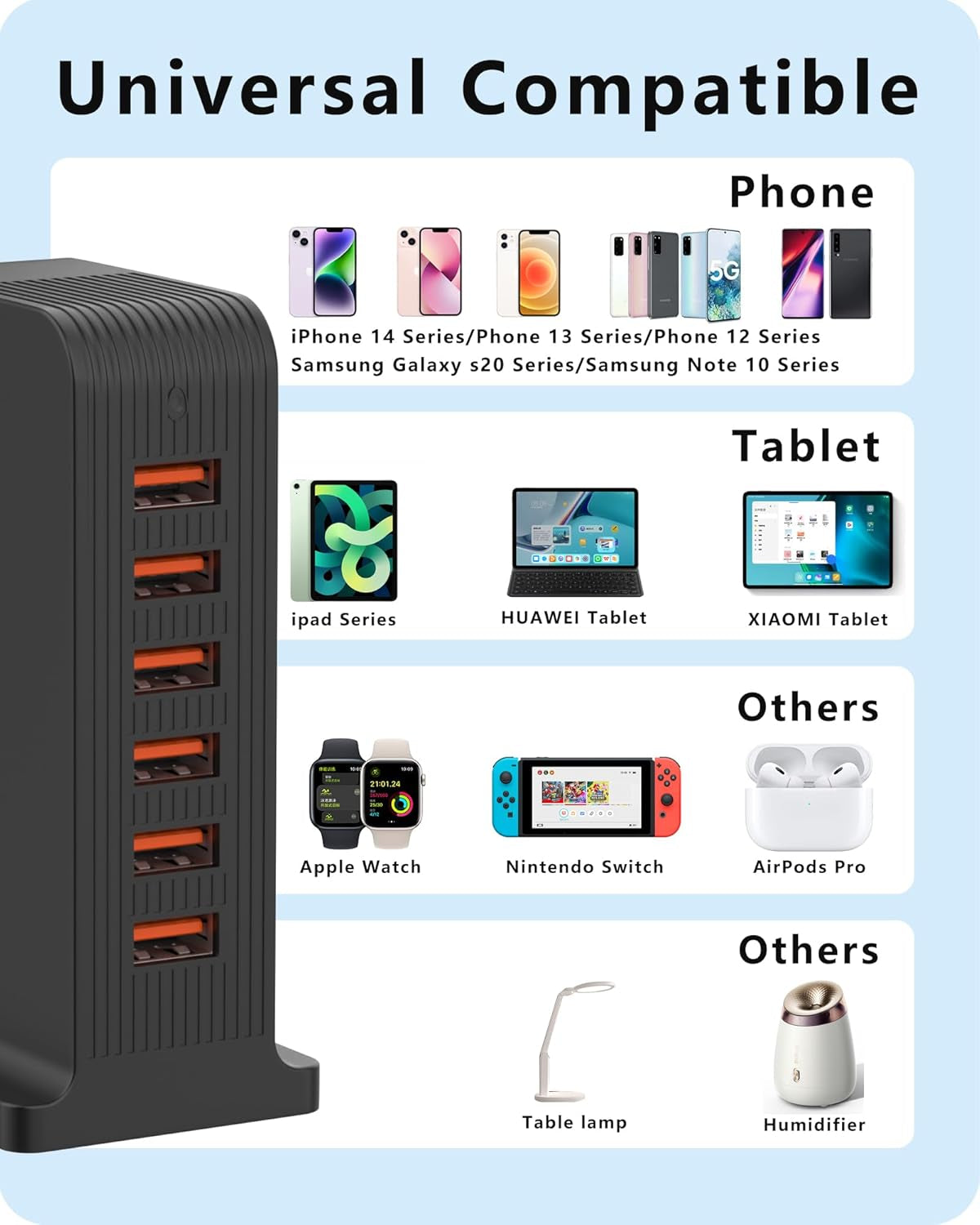 VPSUN USB Charger 6 Port 50W Multi USB Tower Charging Station for Multiple Devices Iphone 15/14/14 Pro/14 Pro Max/13 Pro/13 Pro Max/Android/Samsung/Tablet,Etc (Black, 50W)