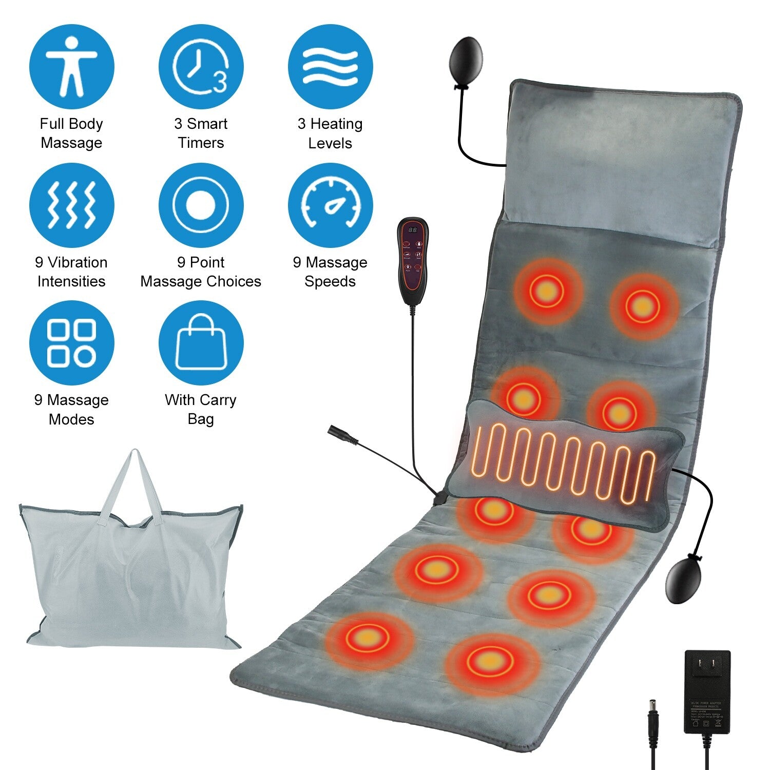 Full Body Electric Massage Mat W/Heat Vibration Massage Pad Cushion Back Massage