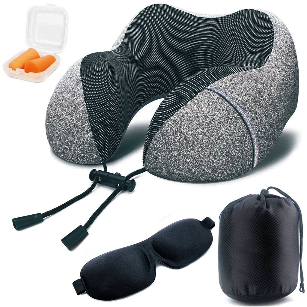 Neck Pillow, Memory Foam Travel Pillow for Airplane, Upgrade U Shaped Travel Neck Pillow with Perfect Support, 3D Contoured Eye Mask, Earplugs & Travel Bag
