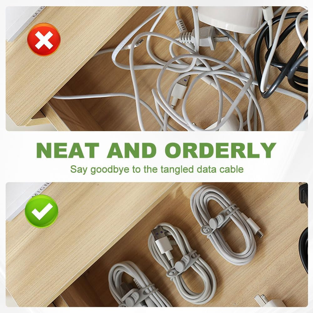 12PC Data Cable Organizer, 2026 Upgrade Silicone Cable Ties Reusable Cable Management Organizers, Multipurpose Elastic Cord Organizer for Fastening and Bundling Cable Cords Wires (12PC)