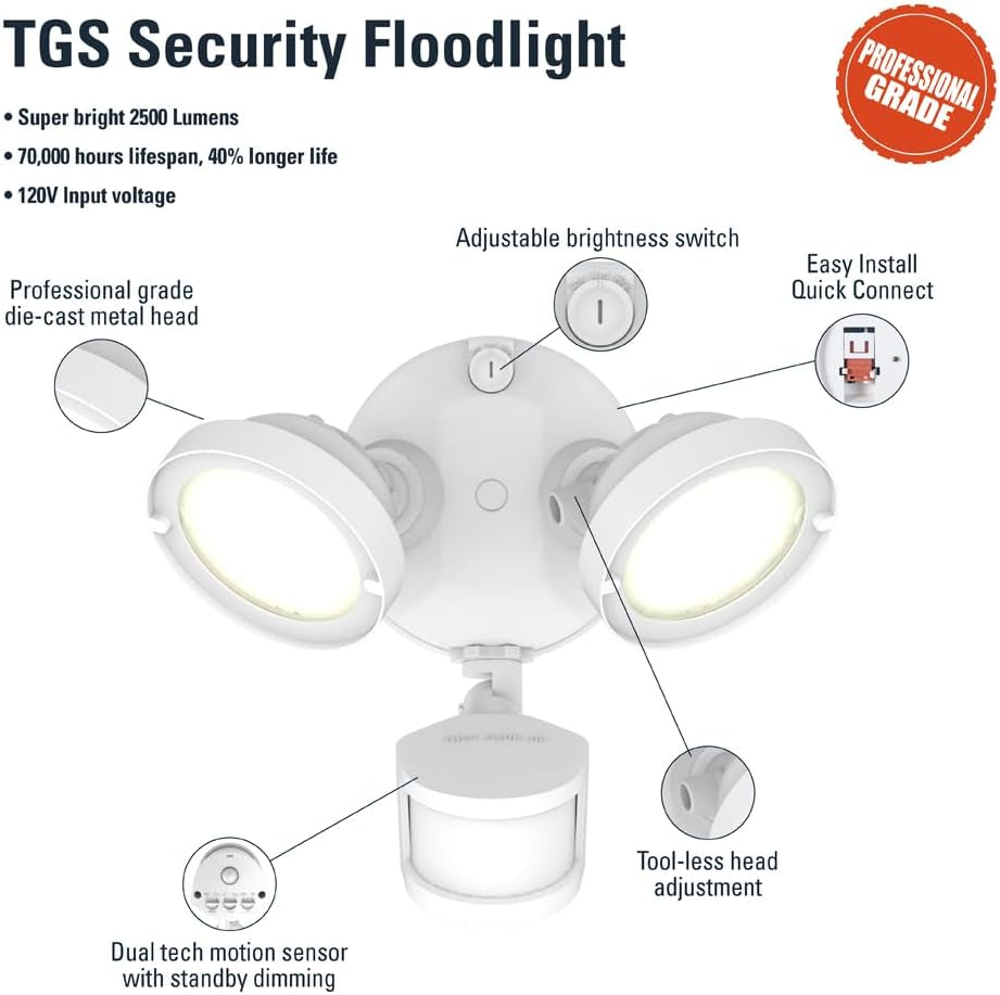 TGS Outdoor LED Motion Sensor Flood & Security Light Twin round Head White
