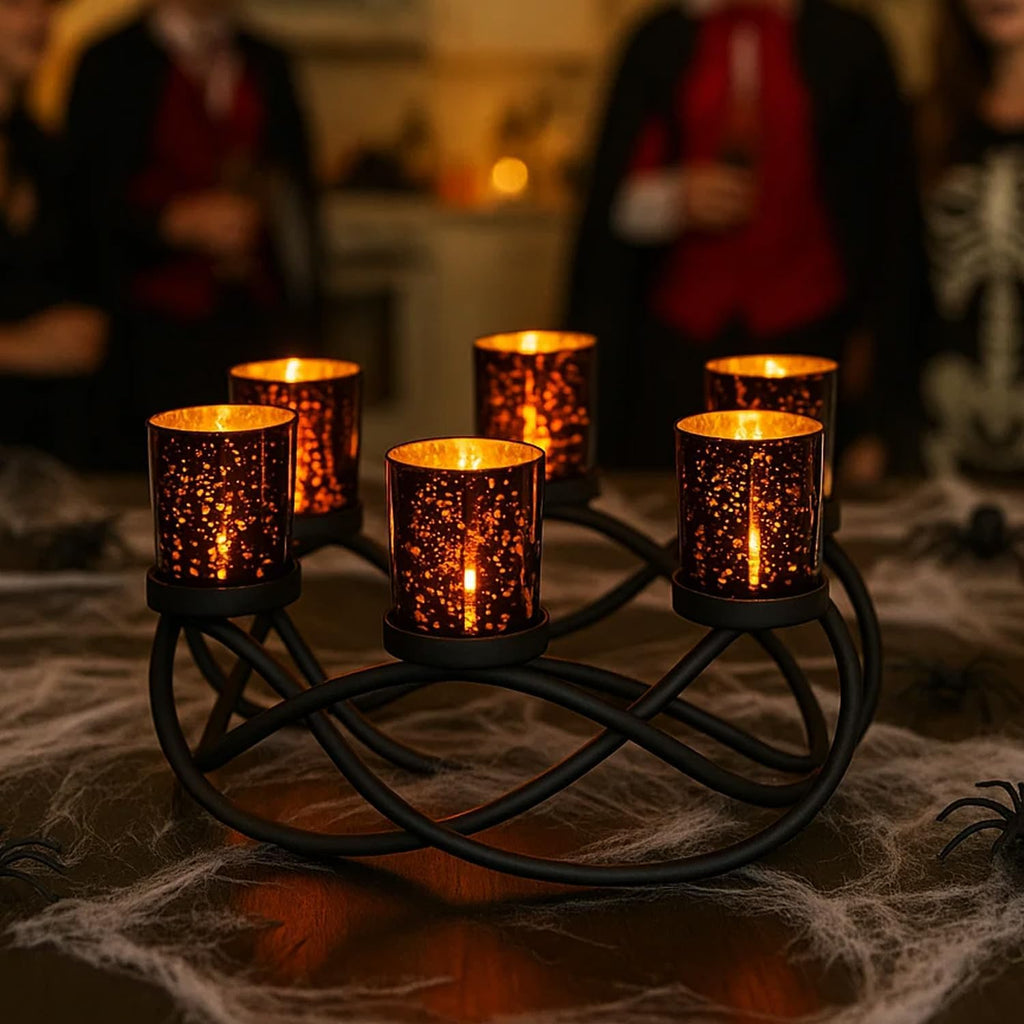 Halloween Decorations for Indoor Gothic Table Centerpieces, Black | Spooky Witchy Dining Decor, round Wrought Iron Candle Holder, 6 Votive Cups, Coffee & Kitchen Centerpiece, 10.5In Round
