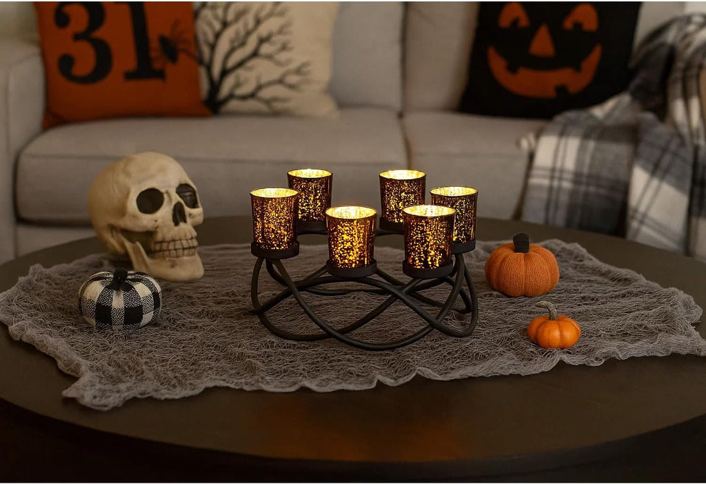 Halloween Decorations for Indoor Gothic Table Centerpieces, Black | Spooky Witchy Dining Decor, round Wrought Iron Candle Holder, 6 Votive Cups, Coffee & Kitchen Centerpiece, 10.5In Round