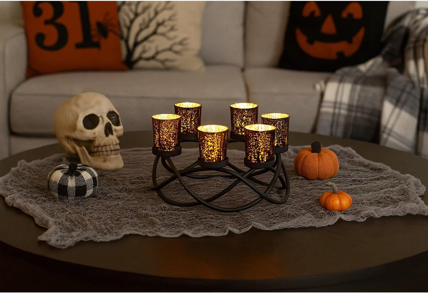 Halloween Decorations for Indoor Gothic Table Centerpieces, Black | Spooky Witchy Dining Decor, round Wrought Iron Candle Holder, 6 Votive Cups, Coffee & Kitchen Centerpiece, 10.5In Round
