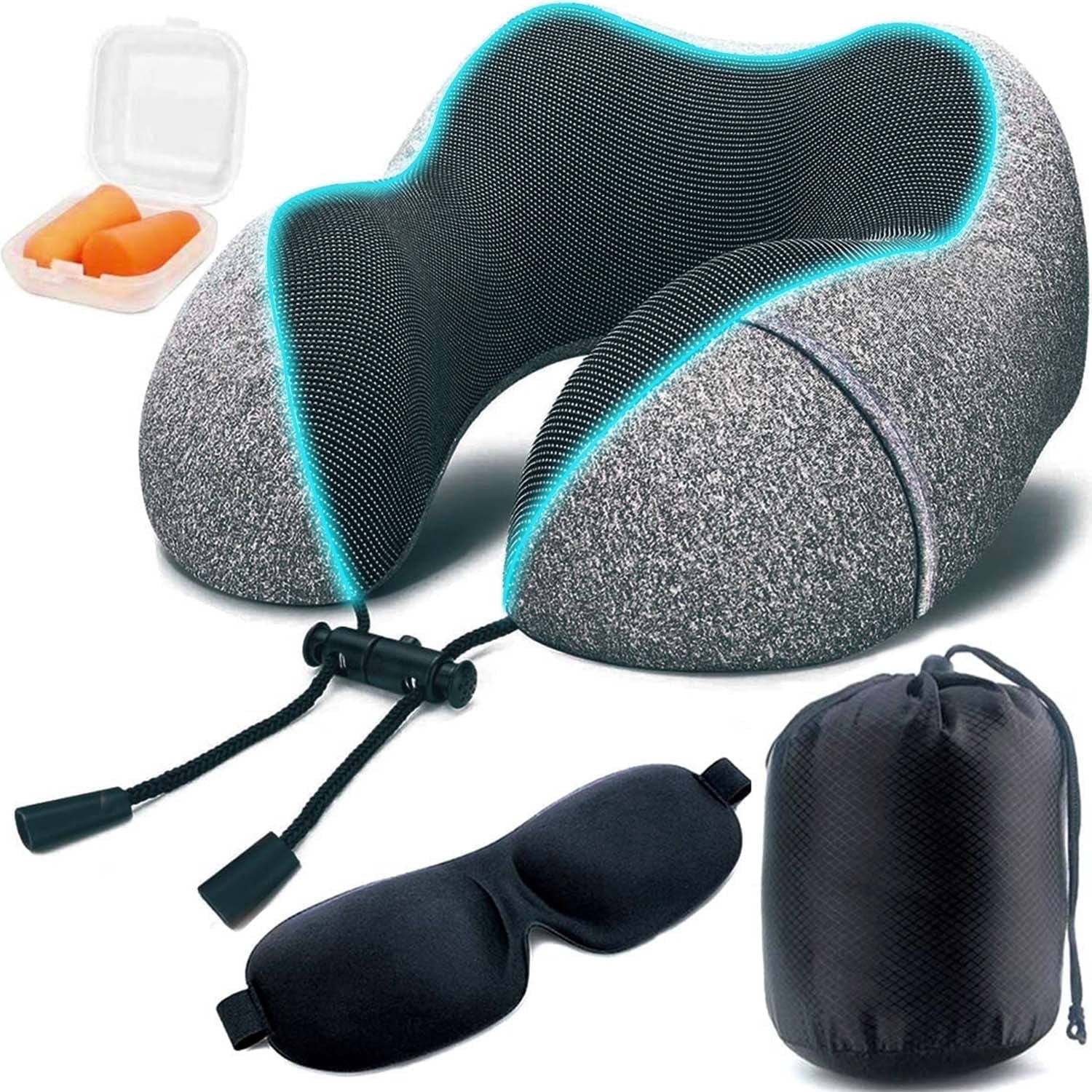 Neck Pillow, Memory Foam Travel Pillow for Airplane, Upgrade U Shaped Travel Neck Pillow with Perfect Support, 3D Contoured Eye Mask, Earplugs & Travel Bag