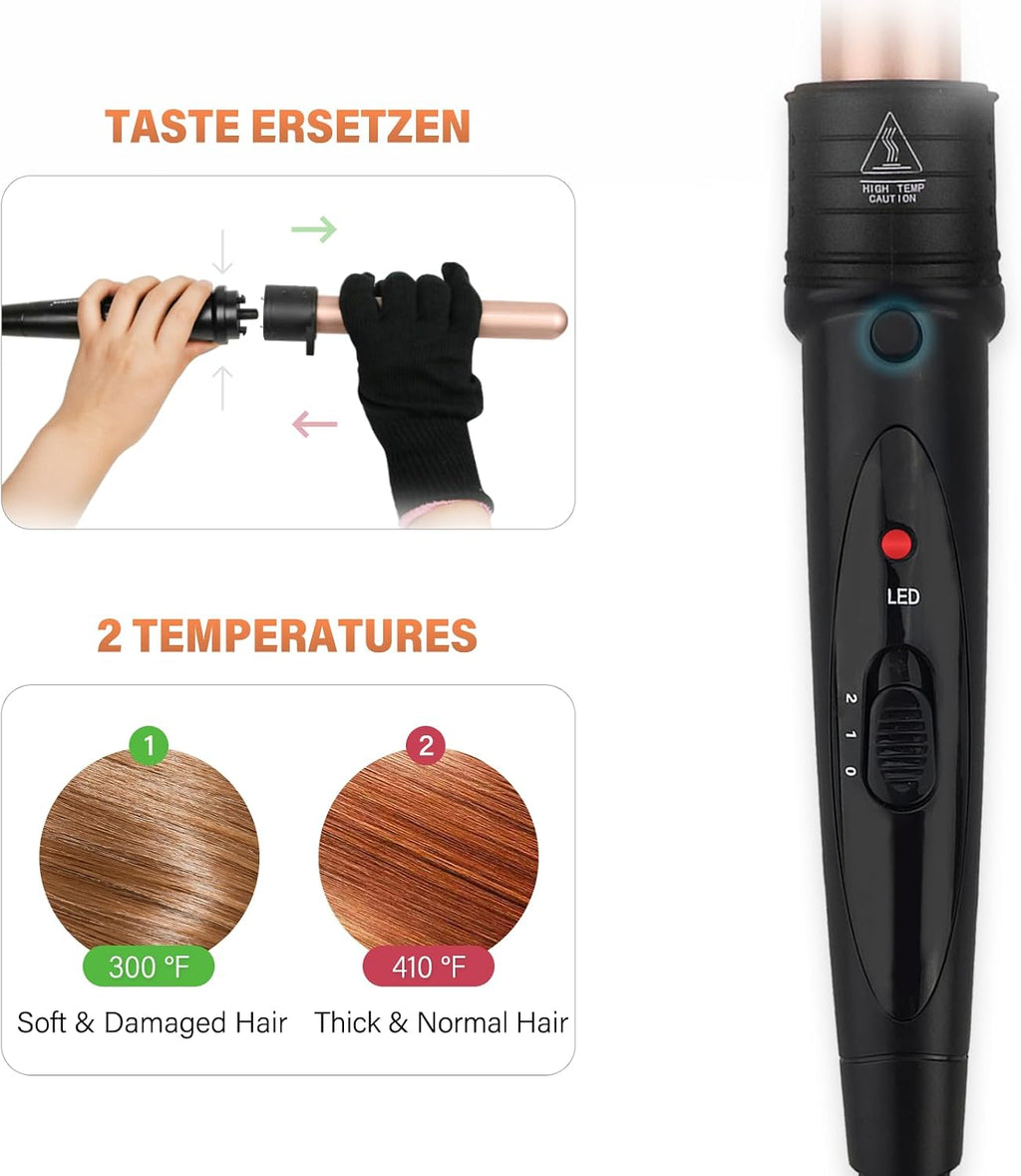 5 in 1 Wand Curling Iron Set, Ceramic Hair Curling Iron(0.35”-1.25”), Hair Curler for All Hairstyle, with Adjustable Temperature Dual Voltage, Instant Heat Up, with Glove & 2 Clips(Gold)