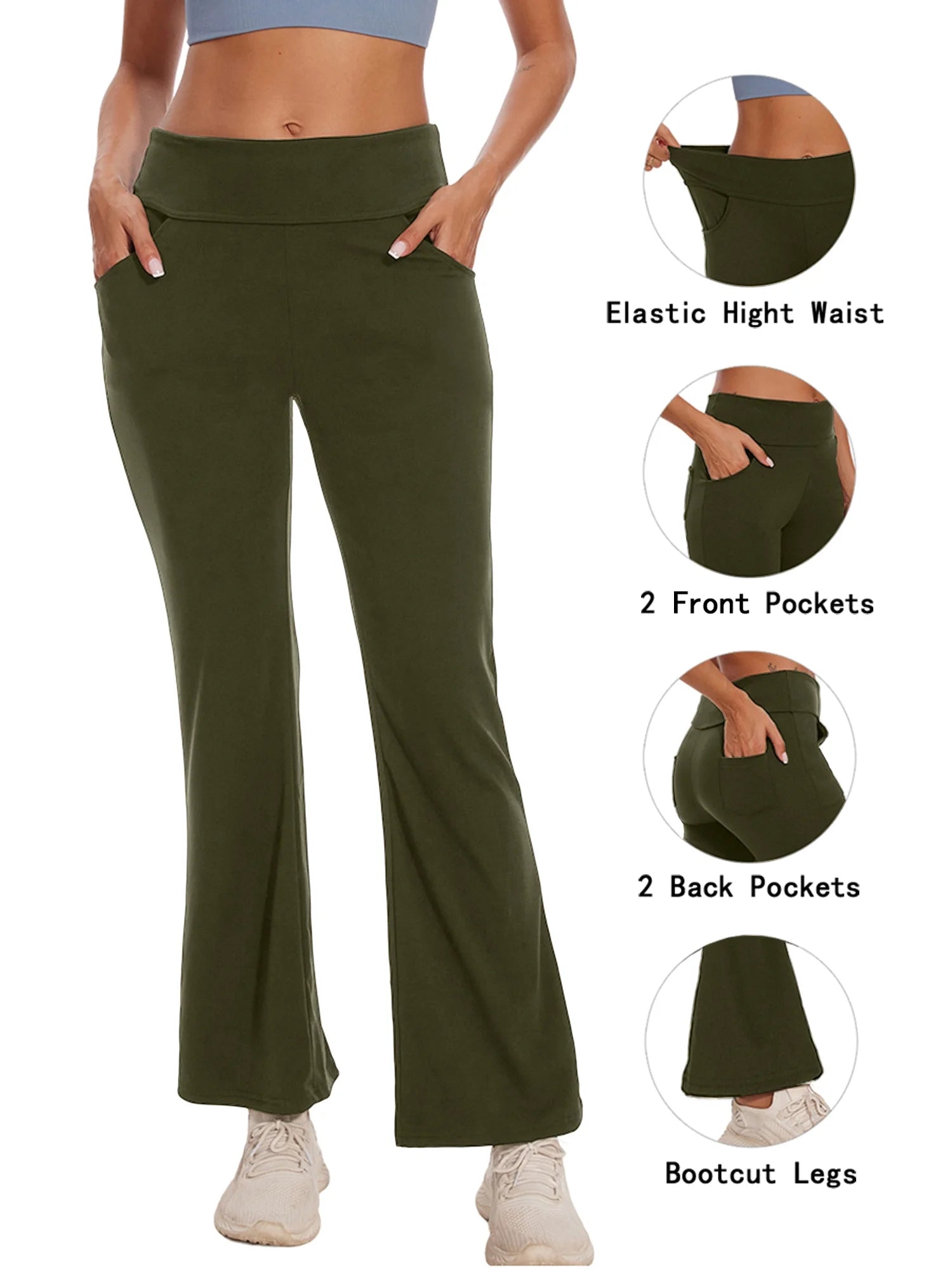 Womens Bootcut Yoga Pants Flare Legging with Pockets High Waist Lightweight Bottoms Workout Activewear Green 3XL