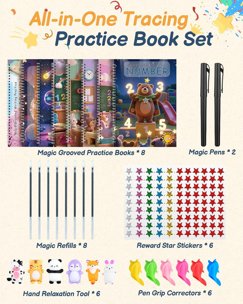 Motor Magic Happy Writer System - Magic Grooved Handwriting Practice for Kids Ages 3-8, 8 Book Reusable Workbooks, 3D Calligraphy Writing Set with Disappearing Ink, Little Explorer Preschool Learning