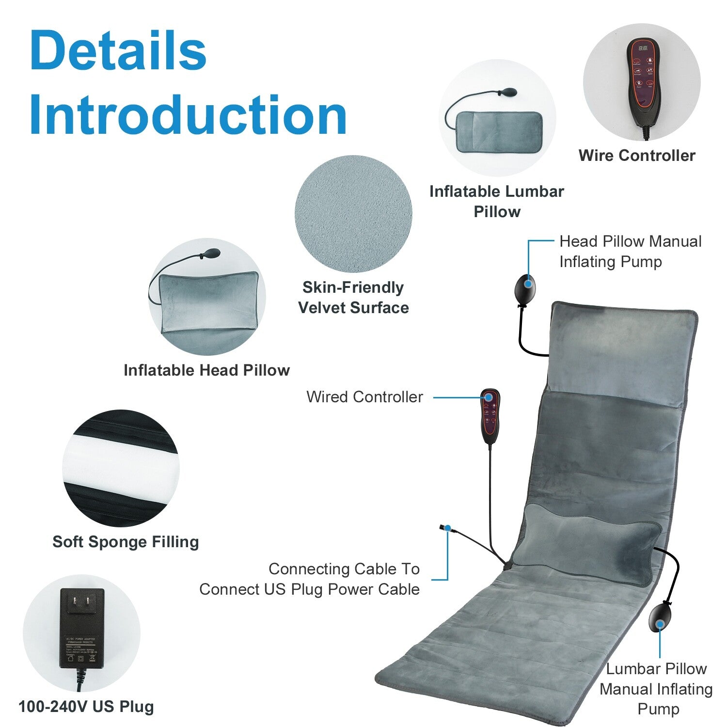 Full Body Electric Massage Mat W/Heat Vibration Massage Pad Cushion Back Massage