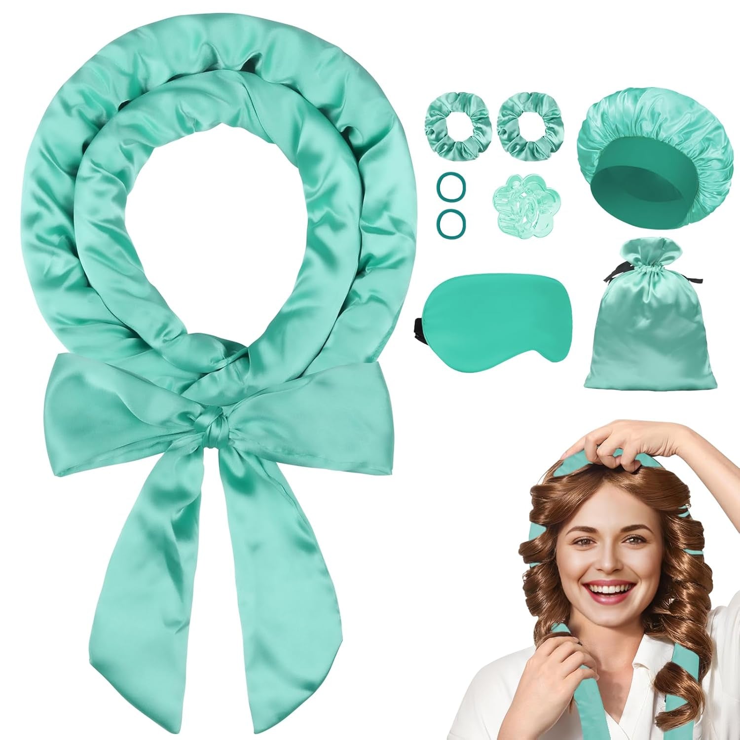 Heatless Curls Overnight Hair Curlers to Sleep In, Satin Heatless Curling Set - No Heat Overnight Curls, Hair Curlers No Heat Curlers, Beach Waves for Women Long Hair Volume (Green)