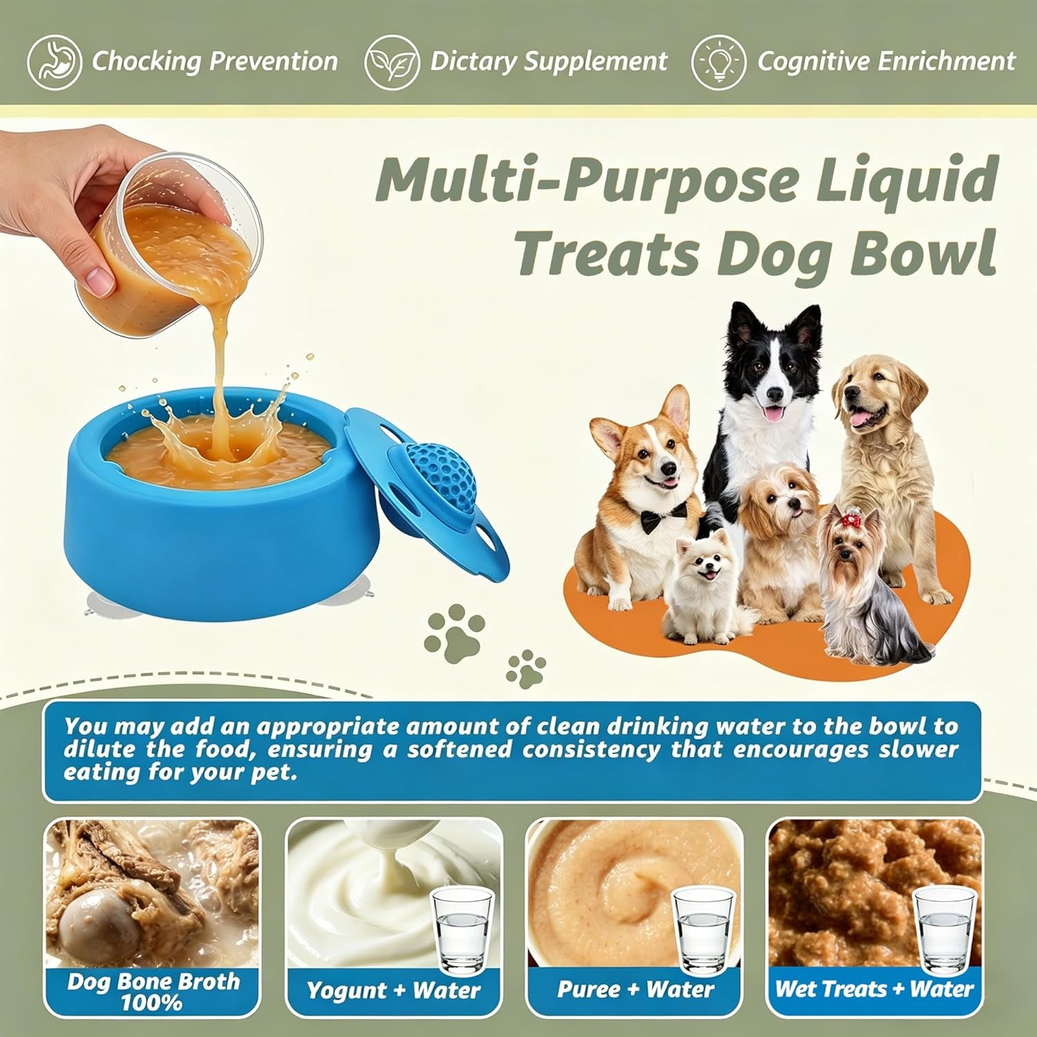 Slow Feeder Dog Bowls, Dog Lick Bowl with Rolling Ball - Lick & Roll Bowl, Dog Slow Feeder Bowl for Liquid Treats, Bone Broth & Yogurt, Non-Slip Suction Base, for Small, Medium & Large Breeds