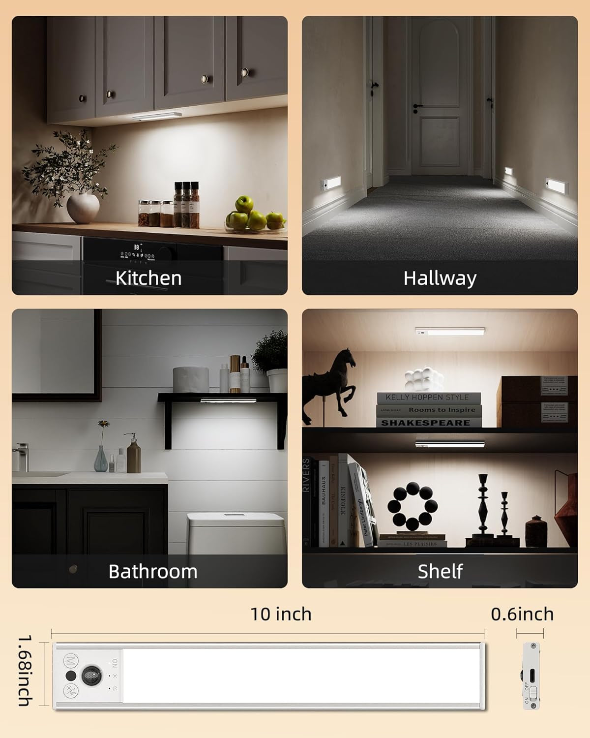 10Inch under Cabinet Lighting, LED Motion Sensor Light Indoor, 2400Mah USB Recha