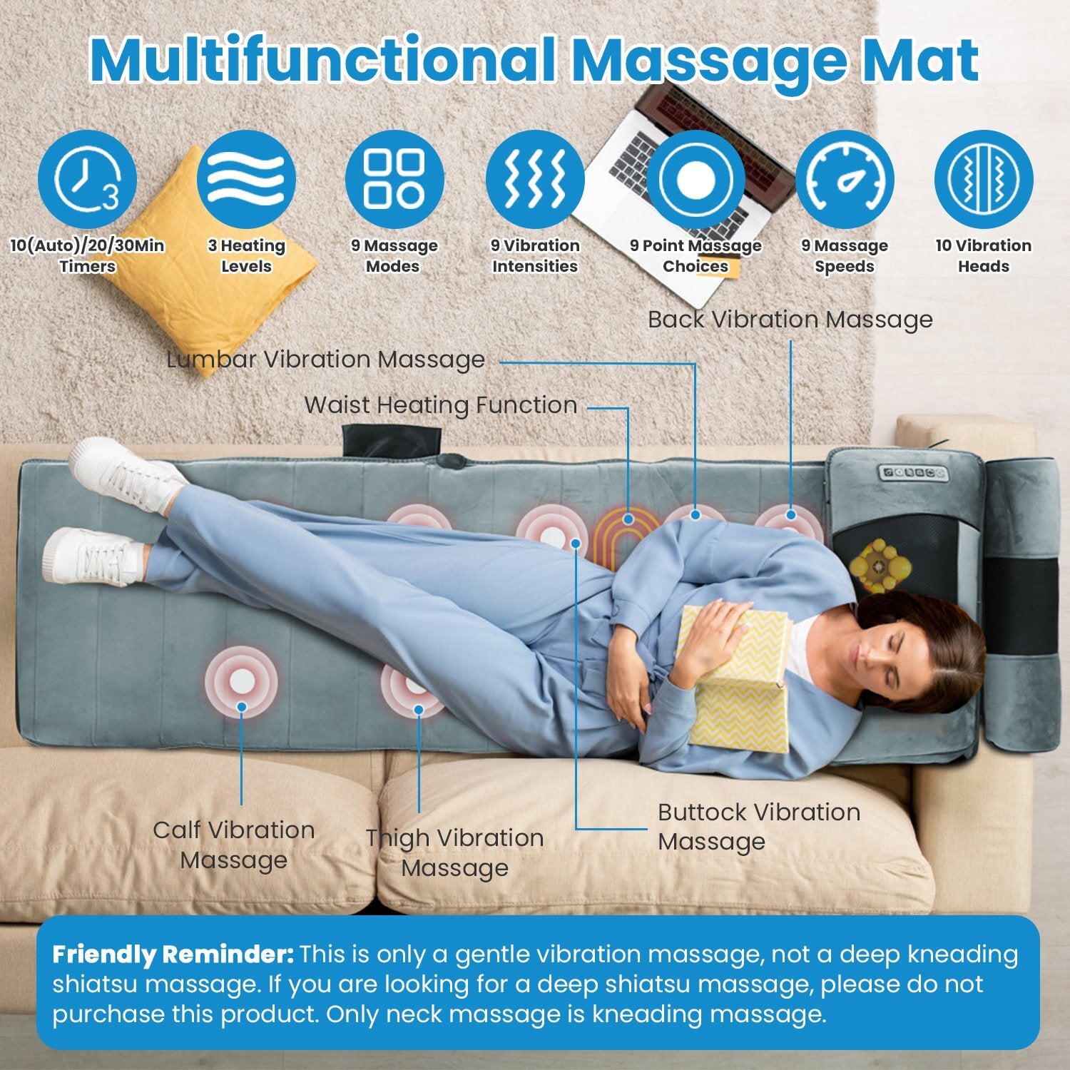 Full Body Electric Massage Mat W/Heat Vibration Massage Pad Cushion Back Massage