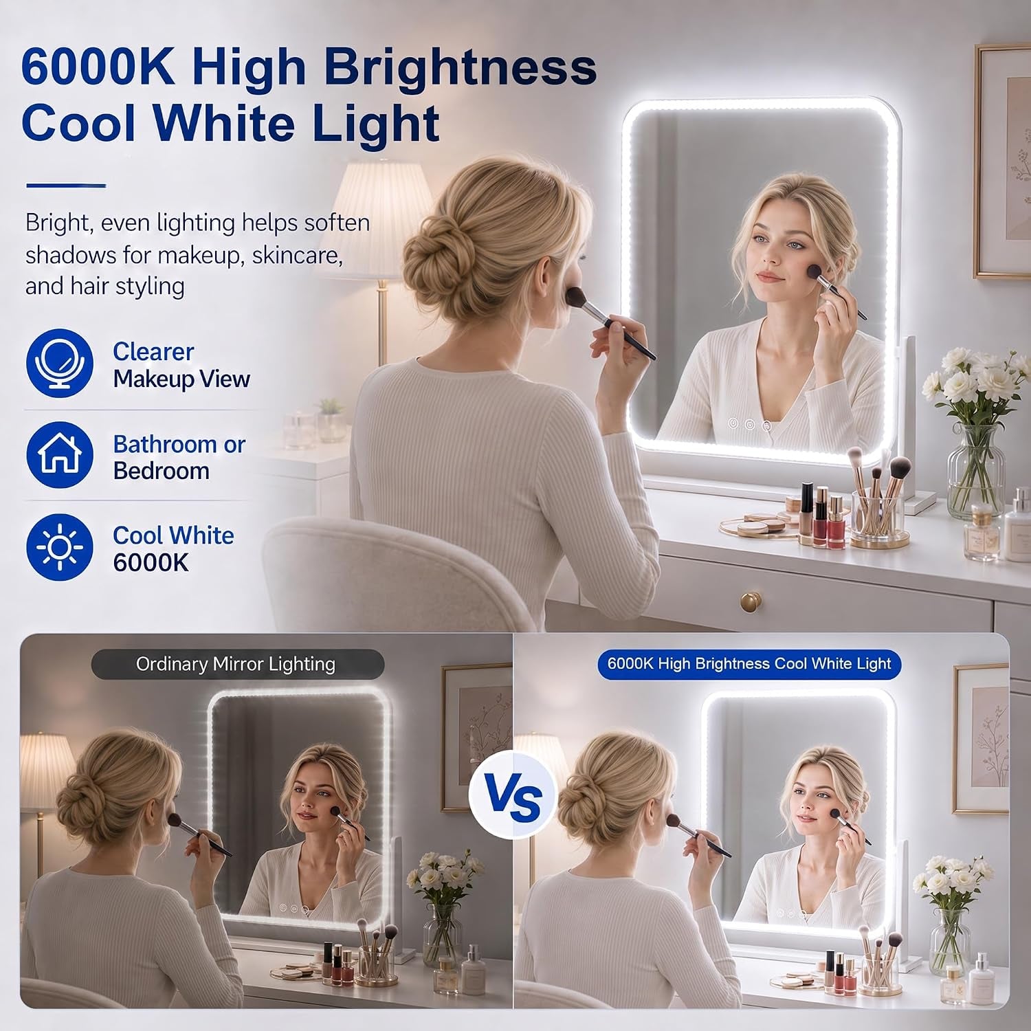 Vanity Lights for Mirror, 13FT Dimmable 6000K LED Light Strip | Stick on Makeup LED Lighting, LED Vanity Lights Strips for Mirror for Bedroom Bathroom Vanity Table (Mirror Not Included)