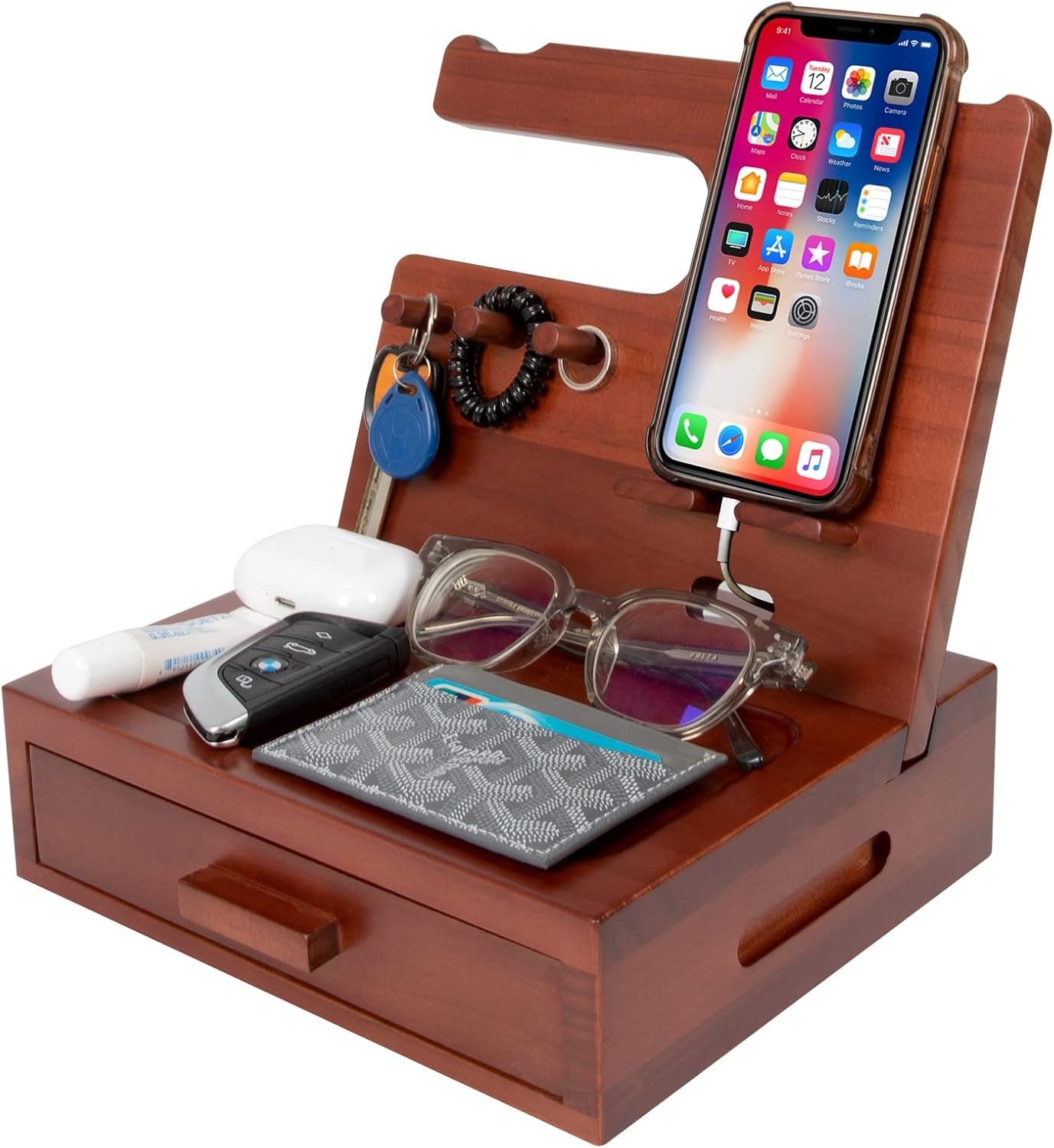 Solid Wood Nightstand Organizer, Docking Station, Gifts for Men, Made of Cedar, Versatile Bedside Table Organizer for Cellphone, Watch, Headphone, Keys Walnut Wood