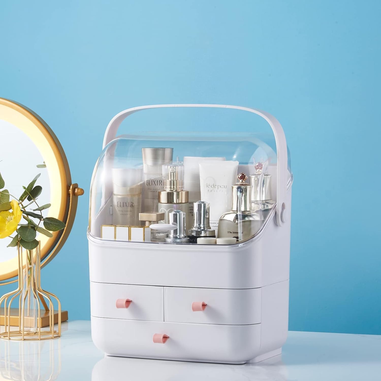 White Preppy Skincare Organizers Makeup Organizer Holder Beauty Cosmetic Storage Box Large Display Case and Makeup Brush Holder with Cover Makeup Brush Container with Lid Clear Makeup Brush Holder Org