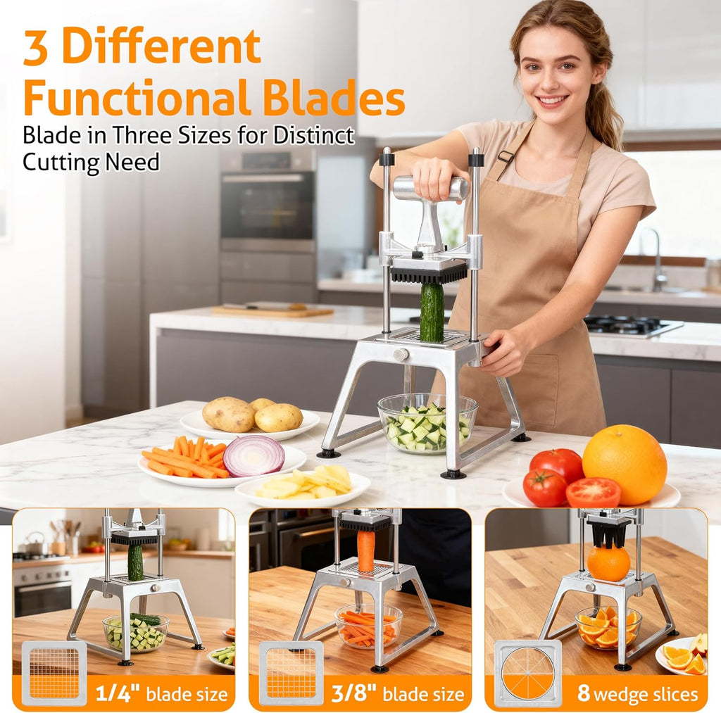 Commercial Vegetable Chopper Dicer W/3 Blades 1/4"+3/8"+8 Section Blade Onion Chopper Dicer Commercial Heavy Duty Stainless Steel French Fry Cutter for Home Kitchen & Restaurant Use