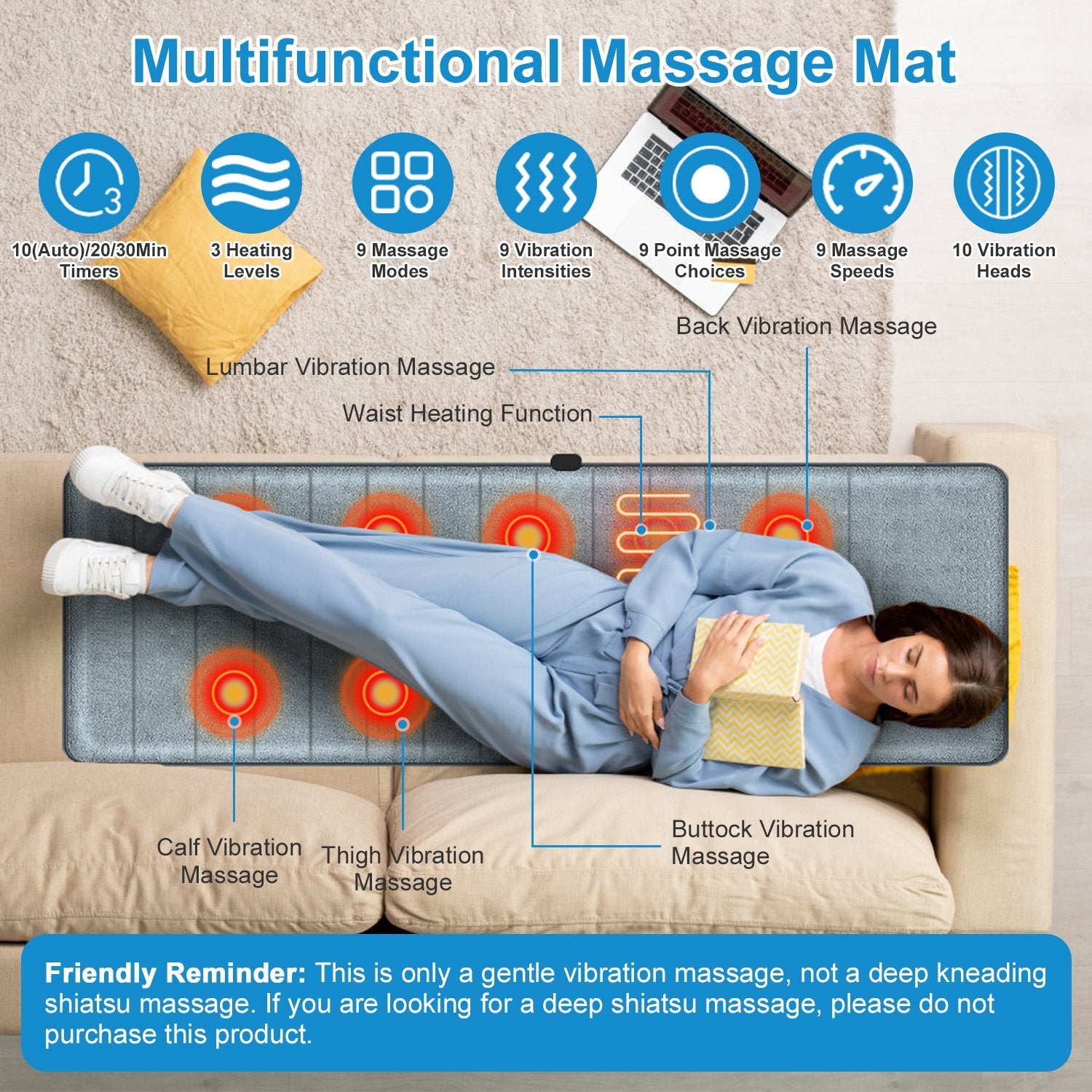 Full Body Electric Massage Mat W/Heat Vibration Massage Pad Cushion Back Massage