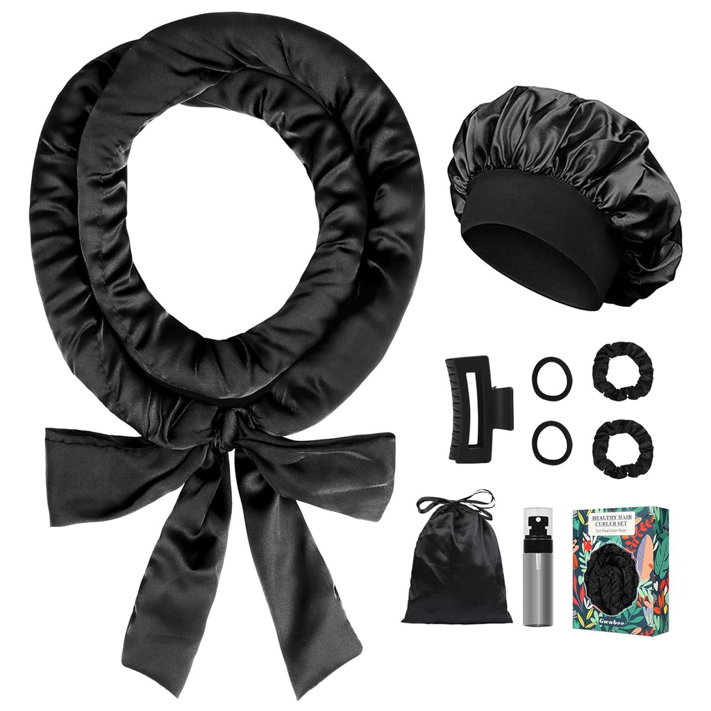 Satin Heatless Curls Overnight Hair Curlers to Sleep in Hair Curler Rollers No Heat Hair Wrap for Curls Headband, 70" Satin Heatless Curling Rod Set for Women Long Waves Hair Volume -Black 9PCS