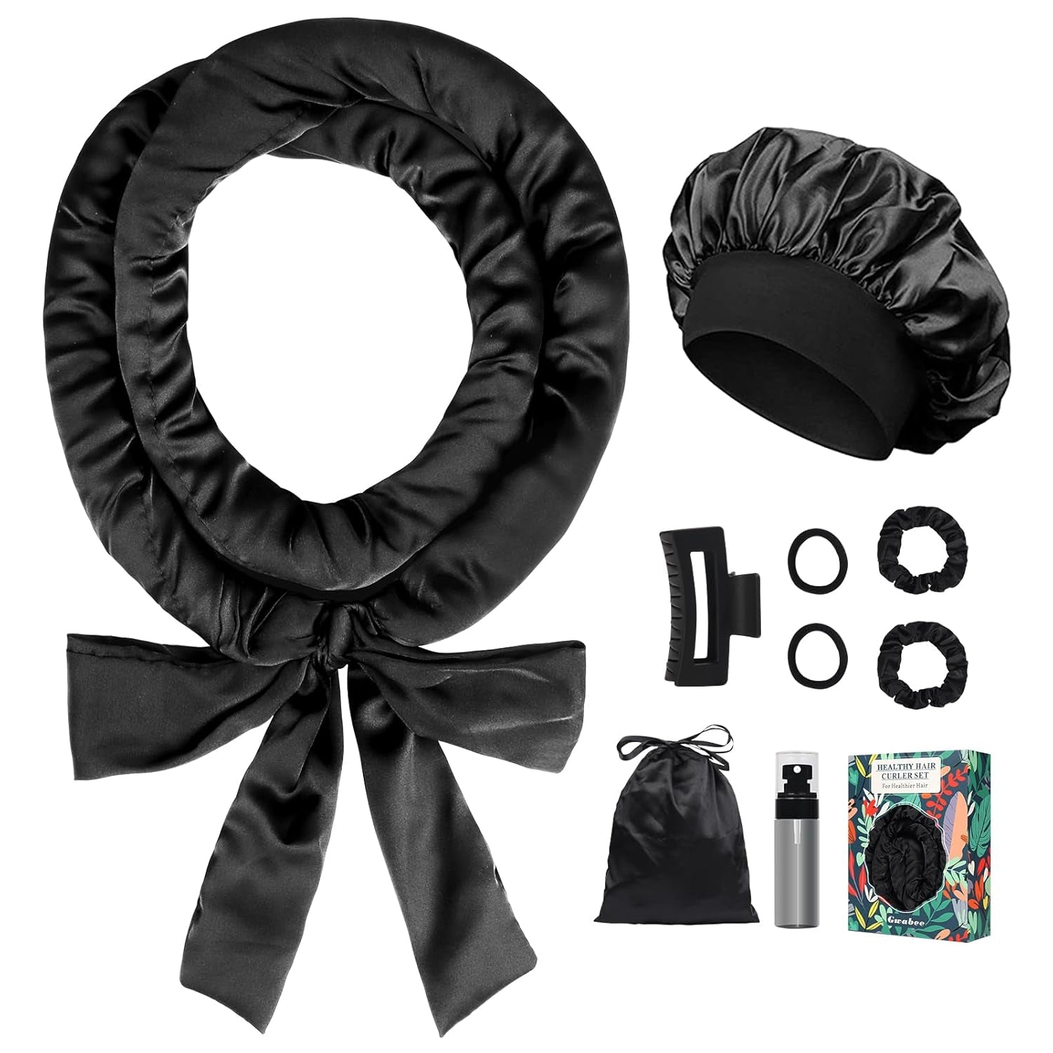 Satin Heatless Curls Overnight Hair Curlers to Sleep in Hair Curler Rollers No Heat Hair Wrap for Curls Headband, 70" Satin Heatless Curling Rod Set for Women Long Waves Hair Volume -Black 9PCS