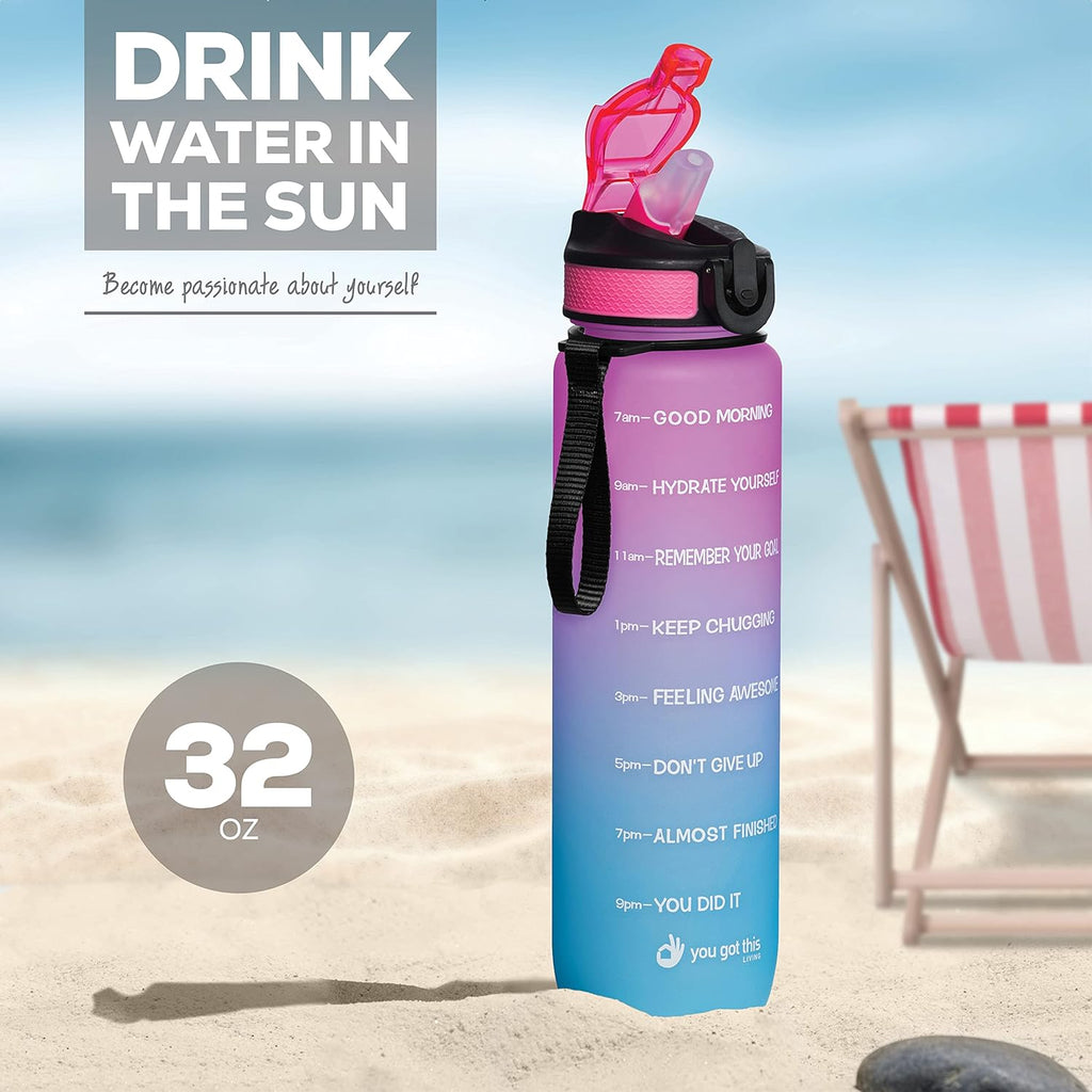 Motivational Water Bottle with Time Marker, 32 Oz Water Bottle, Sports Water Bottle with Spout, Achieve All-Day Hydration Spillproof, BPA FREE