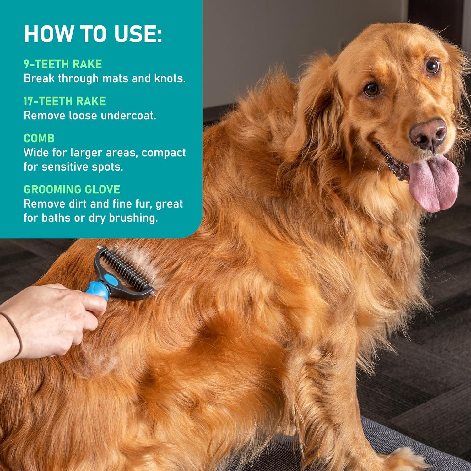 Pet Grooming Brush - Double Sided Shedding and Dematting Undercoat Rake Comb for Dogs and Cats,Extra Wide (B1 - Rake, Gloves & Comb, Large)