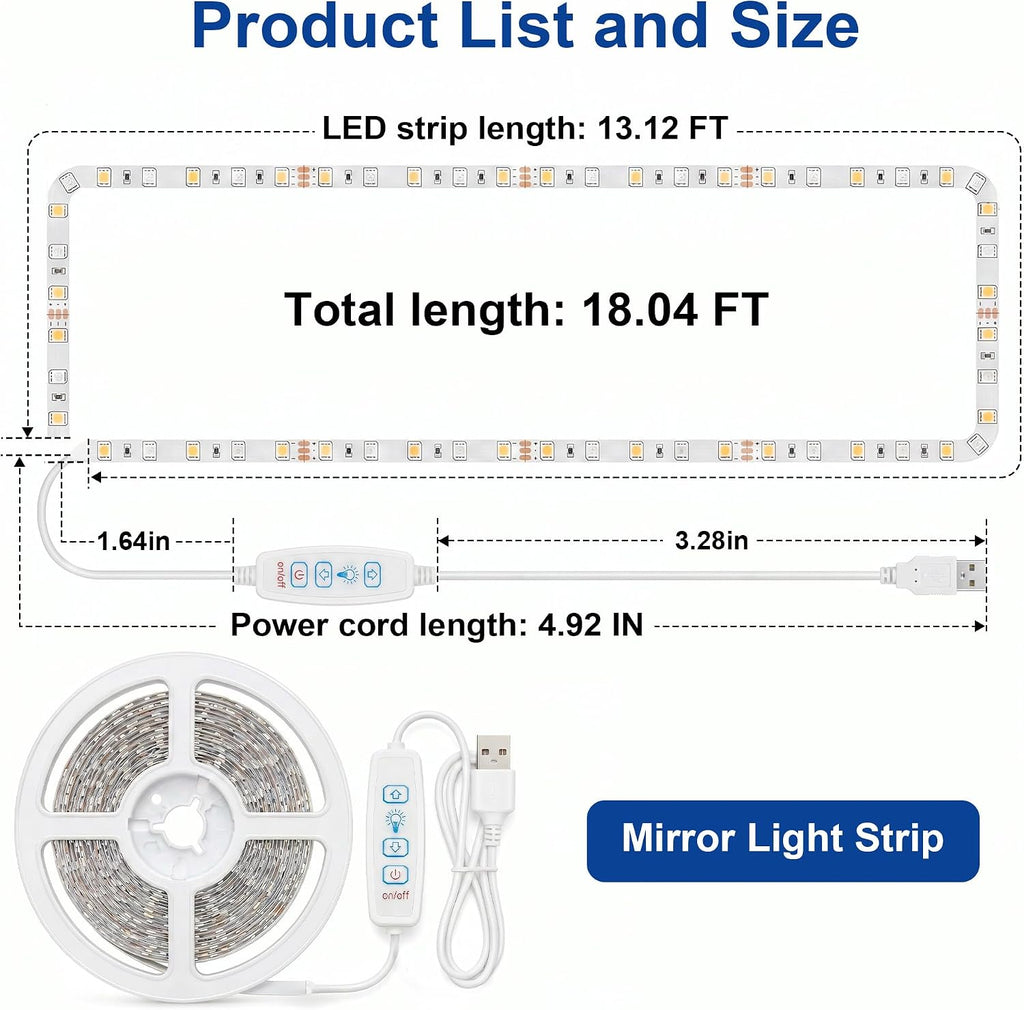 Vanity Lights for Mirror, 13FT Dimmable 6000K LED Light Strip | Stick on Makeup LED Lighting, LED Vanity Lights Strips for Mirror for Bedroom Bathroom Vanity Table (Mirror Not Included)
