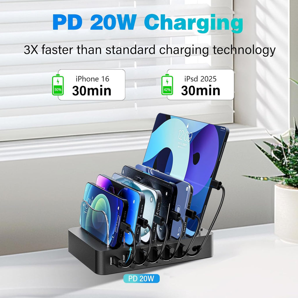 Charging Station for Multiple Devices 68W 6 Port Phone Charger Dock with 6 Cables, 20W Black Fast Charging Station Compatible with Apple Cellphone Ipad Iphone Tablet(Black)
