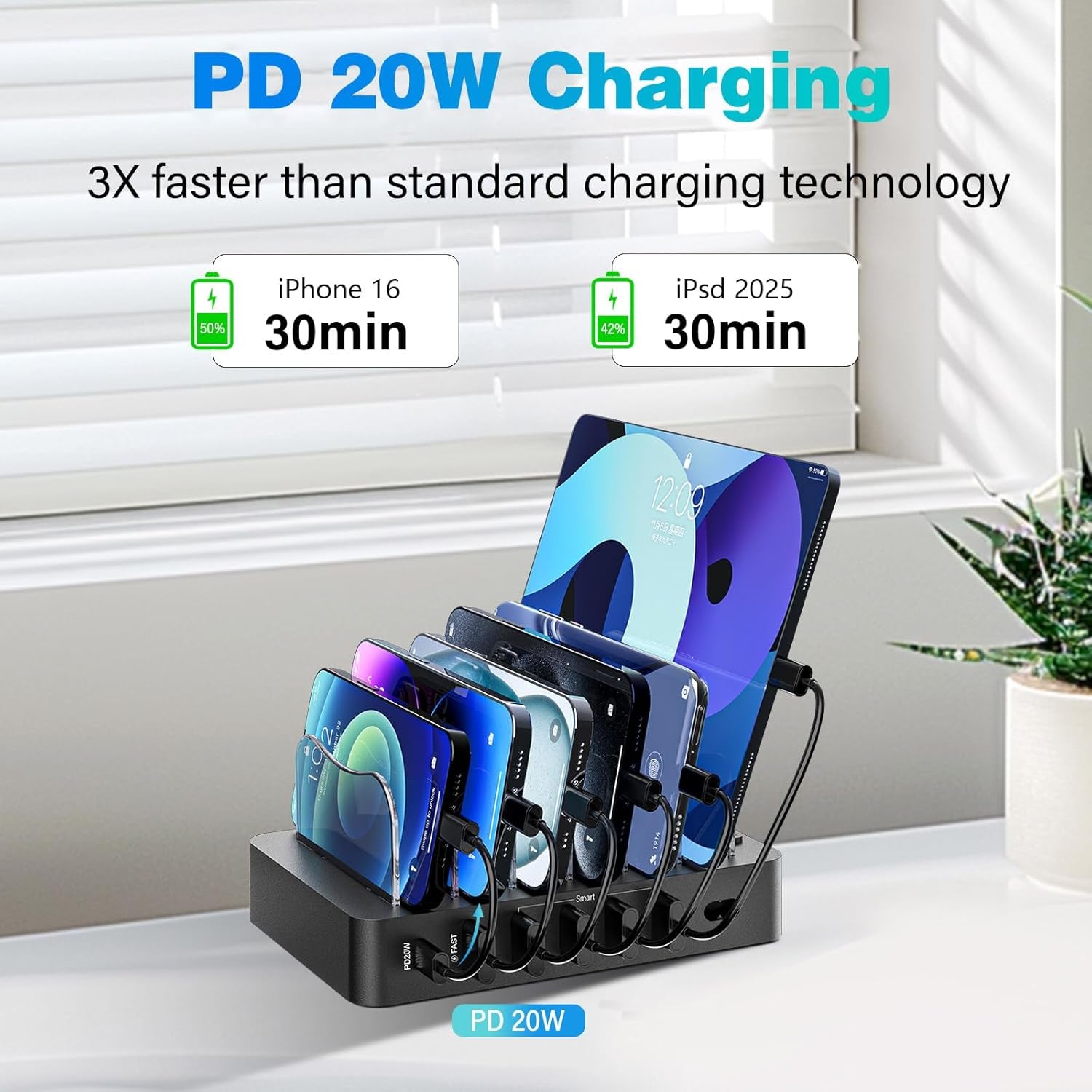 Charging Station for Multiple Devices 68W 6 Port Phone Charger Dock with 6 Cables, 20W Black Fast Charging Station Compatible with Apple Cellphone Ipad Iphone Tablet(Black)