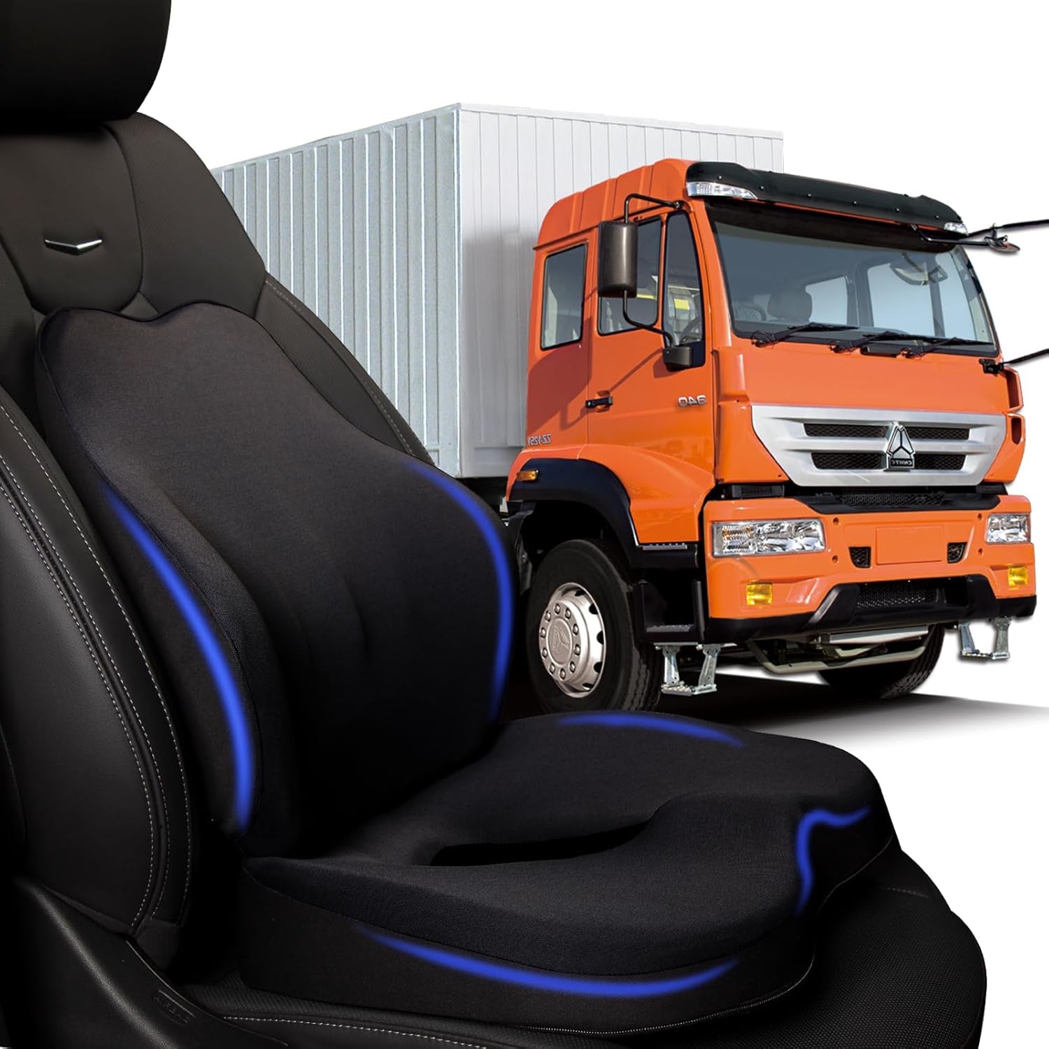 Truck Seat Cushion, 2PC 100% Memory Foam Seat Cushion for Truck Driver, with Back Support, Semi Truck Accessories for Men -Seat Cushion-18X14.5X3.5In, Lumbar Cushion-16.5X15.4X5